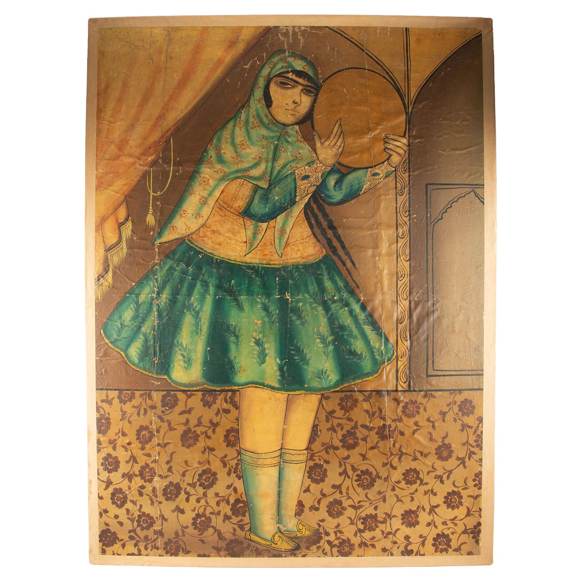 Qajar-Schule Porträt einer Frau mit Tamburin, Iran, Anfang 20.