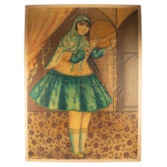 Qajar-Schule Porträt einer Frau mit Tamburin, Iran, Anfang 20.
