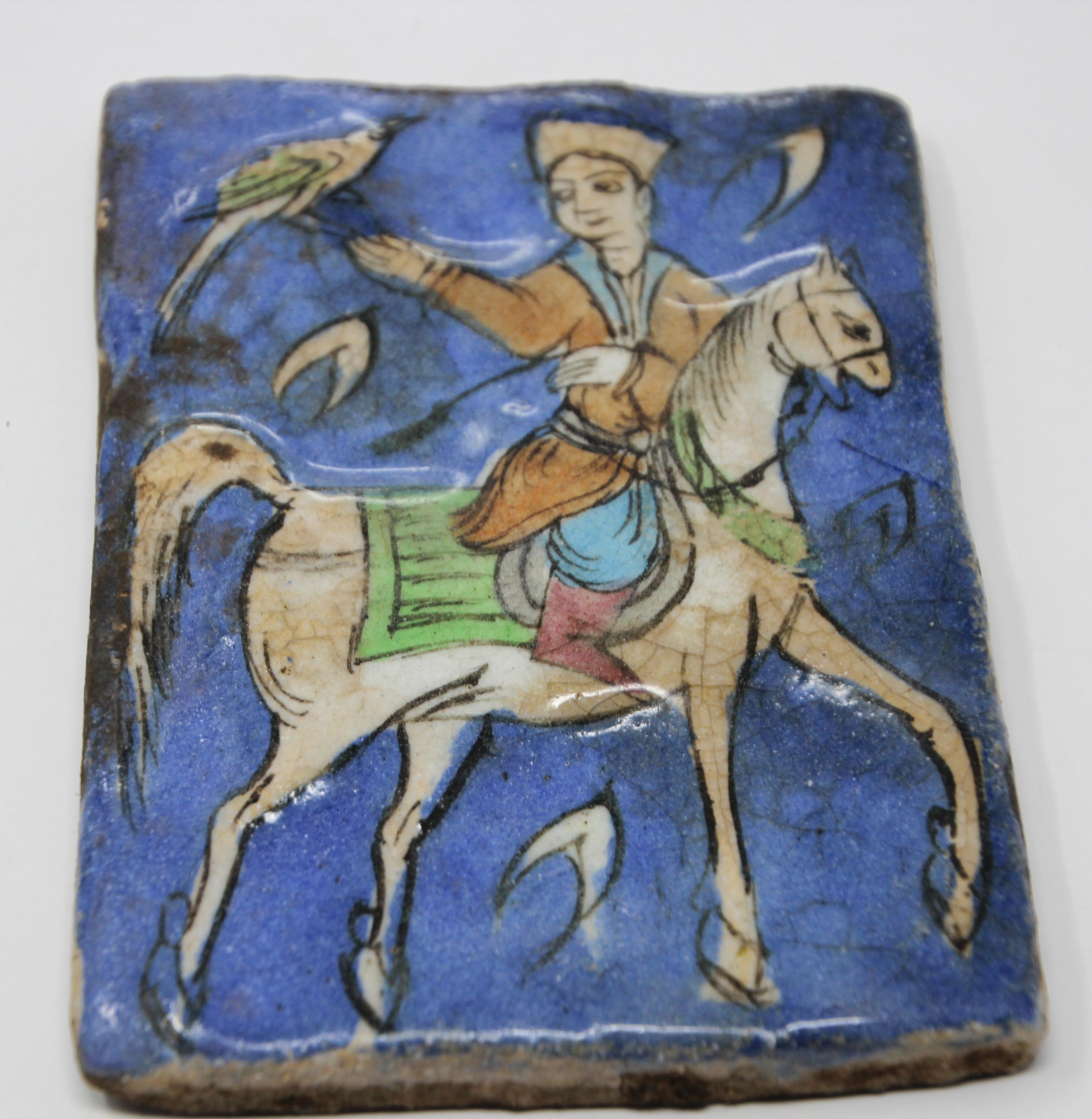 19th Century Qajar Style Under-Glazed Painted Pottery Ceramic Tile