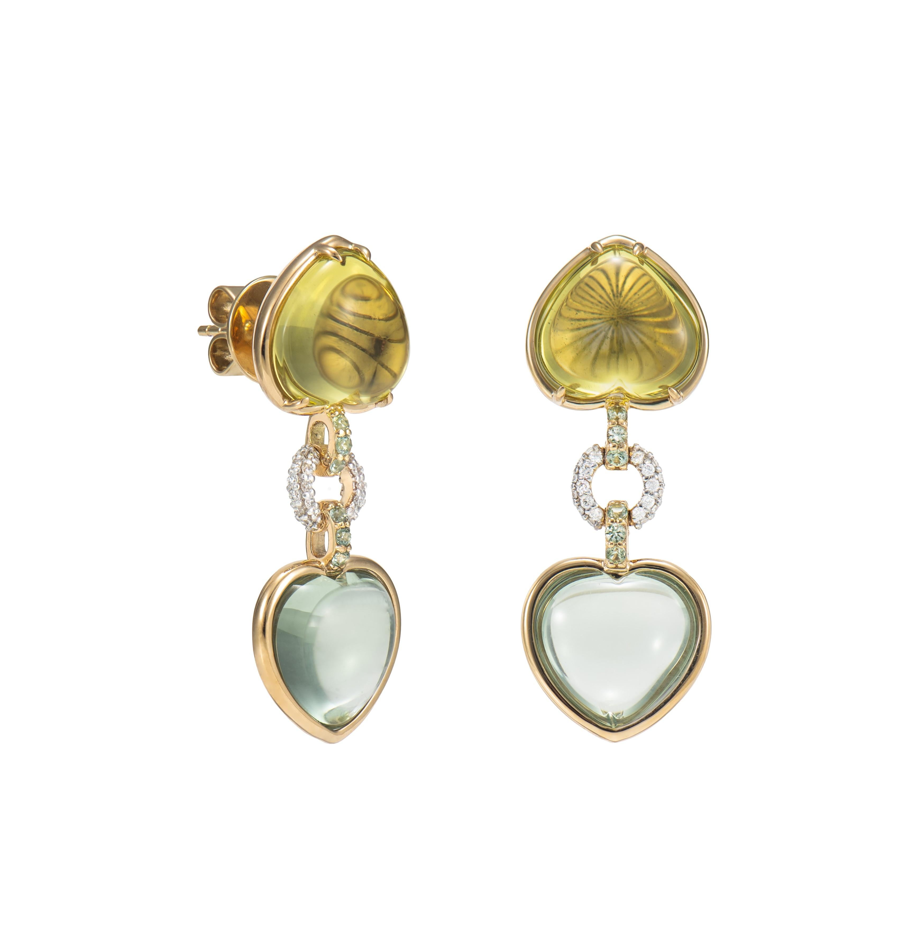 Celebrating the season of love with these delicate heart jewels! These pieces showcase beautiful gemstones with dainty accents to elevatue the beauty of the gem. 

Lemon Quartz and Green Amethyst Drop Earring in 18 Karat Yellow Gold with Green