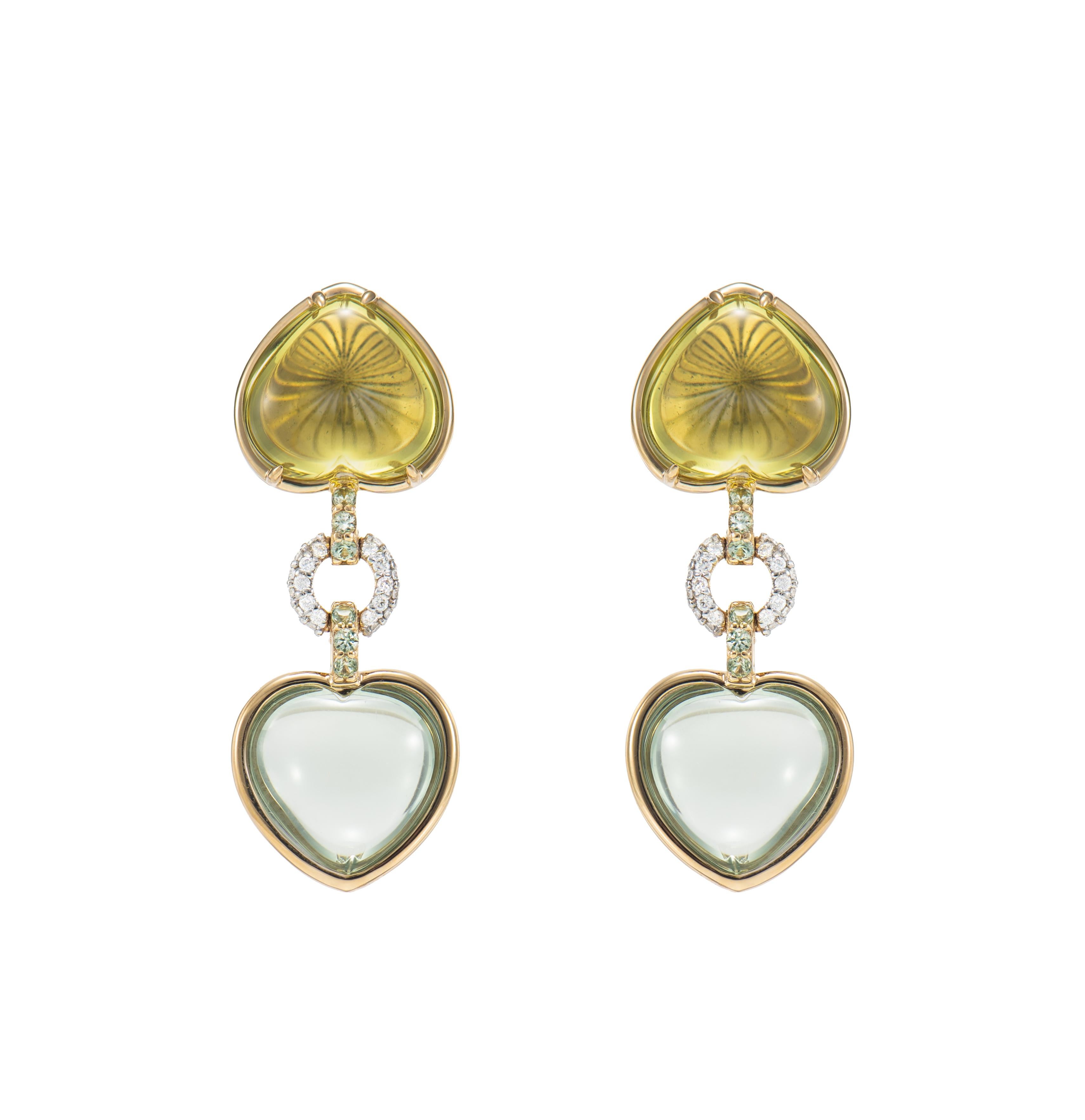 Heart Cut Qartz & Amethyst Drop Earring in 18 Karat Yellow Gold with Sapphire and Diamond For Sale