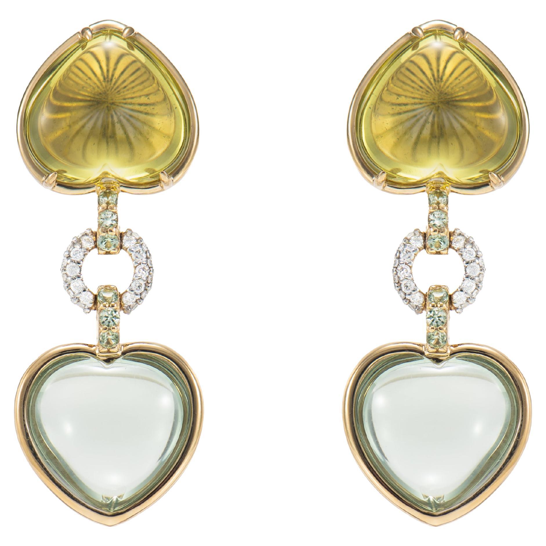Qartz & Amethyst Drop Earring in 18 Karat Yellow Gold with Sapphire and Diamond
