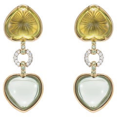 Boucles d'oreilles Qartz et améthyste en or jaune 18 carats avec saphir et diamant