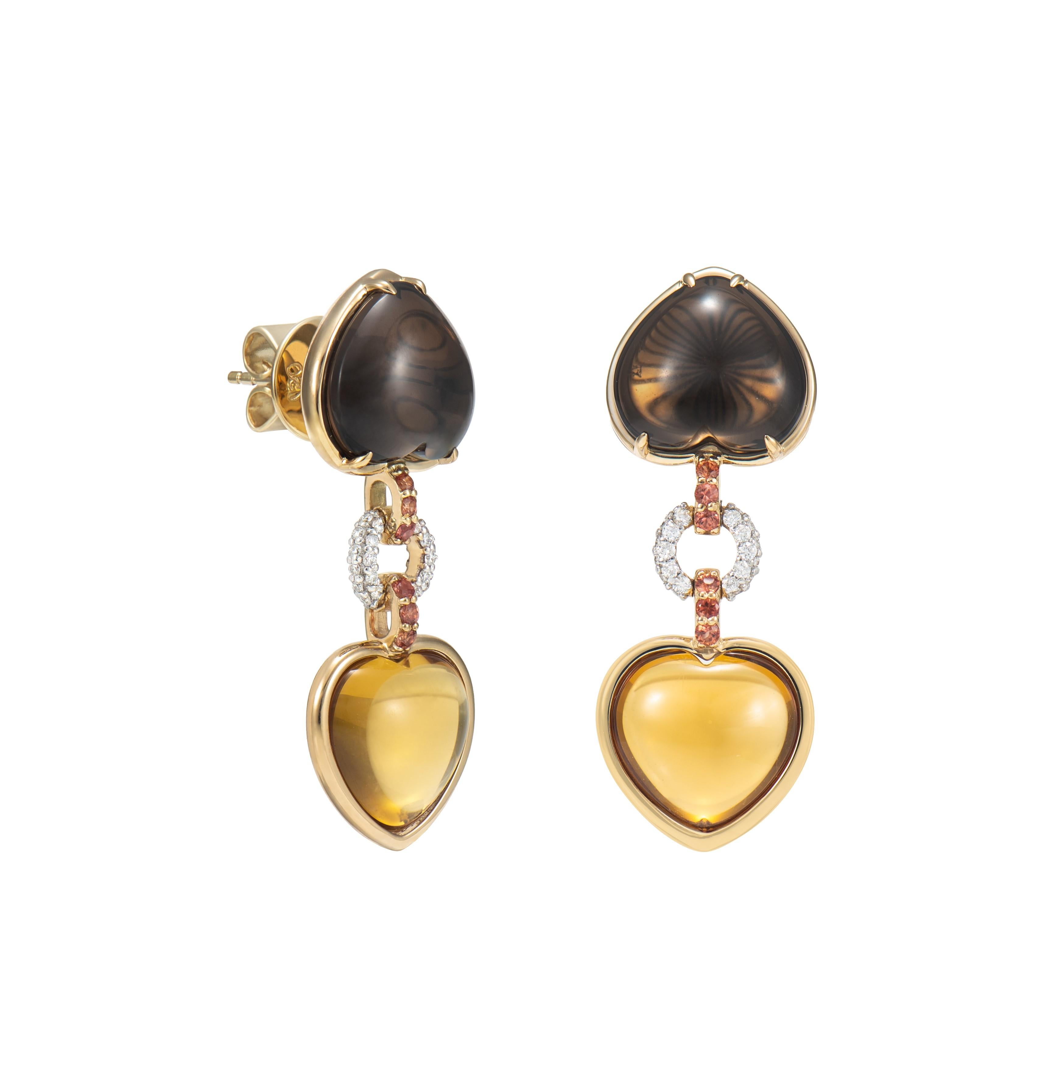 Celebrating the season of love with these delicate heart jewels! These pieces showcase beautiful gemstones with dainty accents to elevatue the beauty of the gem. 

Smoky Qartz and Honey Quartz Drop Earring in 18 Karat Yellow Gold with Orange