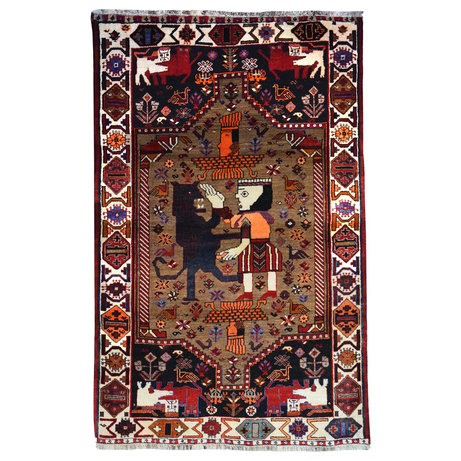 Antique 1940s Persian Qashqai Rug, King Bahram and the Lion, 3' x 5' For Sale
