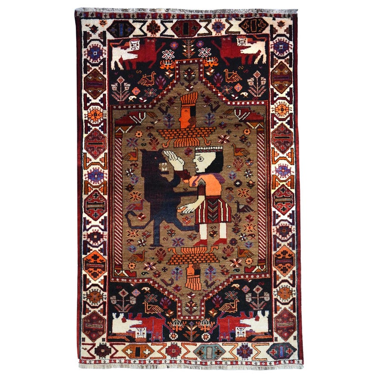Antique 1940s Persian Qashqai Rug, King Bahram and the Lion, 3x5 For Sale
