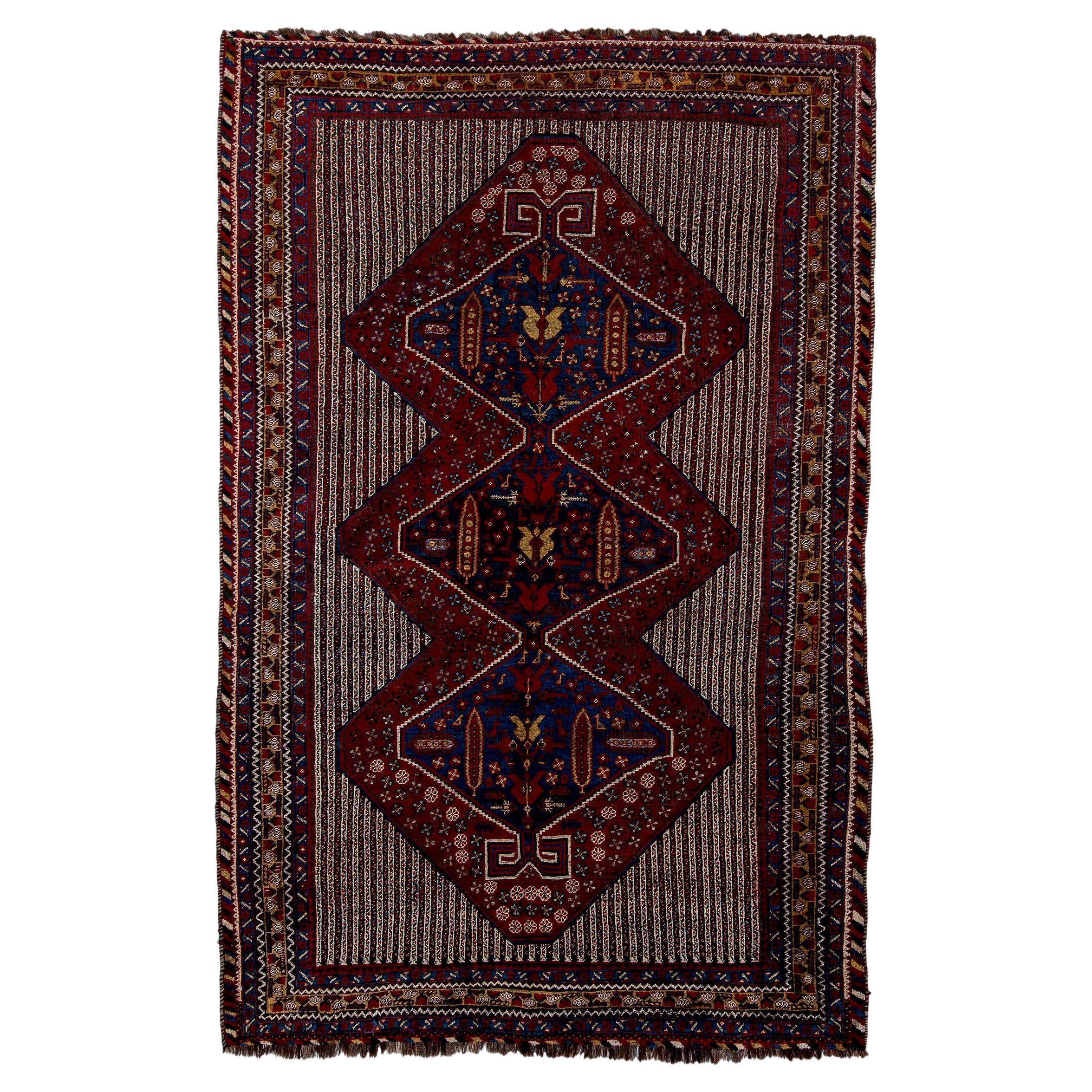Qashqai Rug Triple Medallion and Striped Field Design For Sale