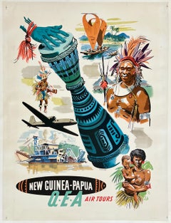 QEA - NEW GUINEA-PAPUA AIR TOURS Original Vintage Airline Travel Tourism Poster