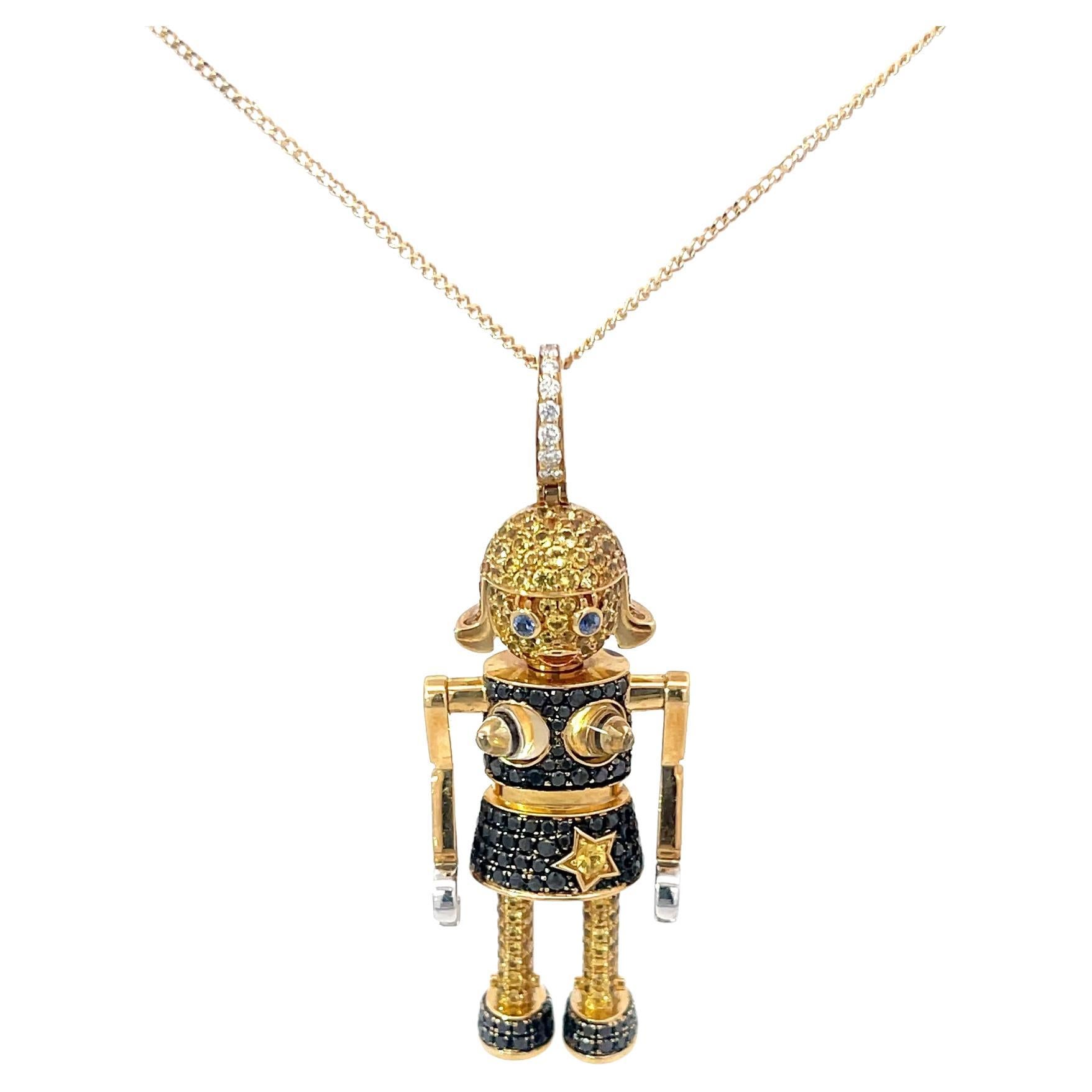 Qeelin Pendentif Roobot en or jaune 18 carats avec diamants noirs en vente