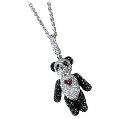 Qeelin Bo Bo 18K White Gold, Diamond Black Diamond Ruby Panda Pendant Necklac