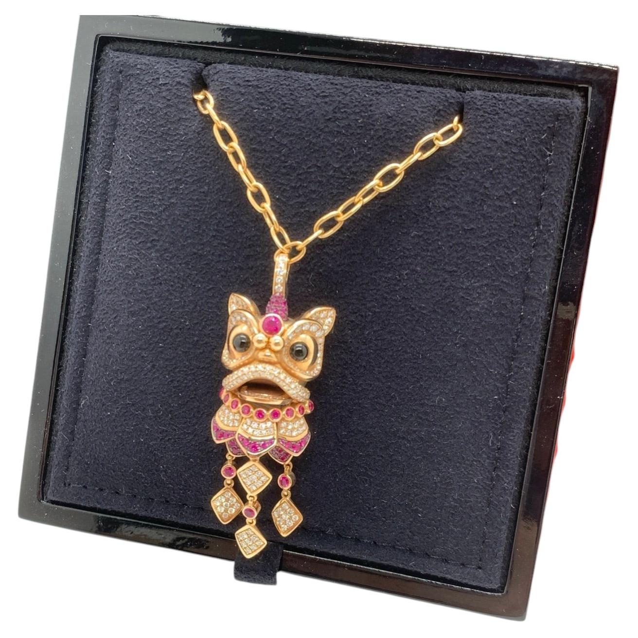 Qeelin Xi Xi Articulated Lion Dance 18K Rose Gold Ruby & Diamond Pendant Necklac