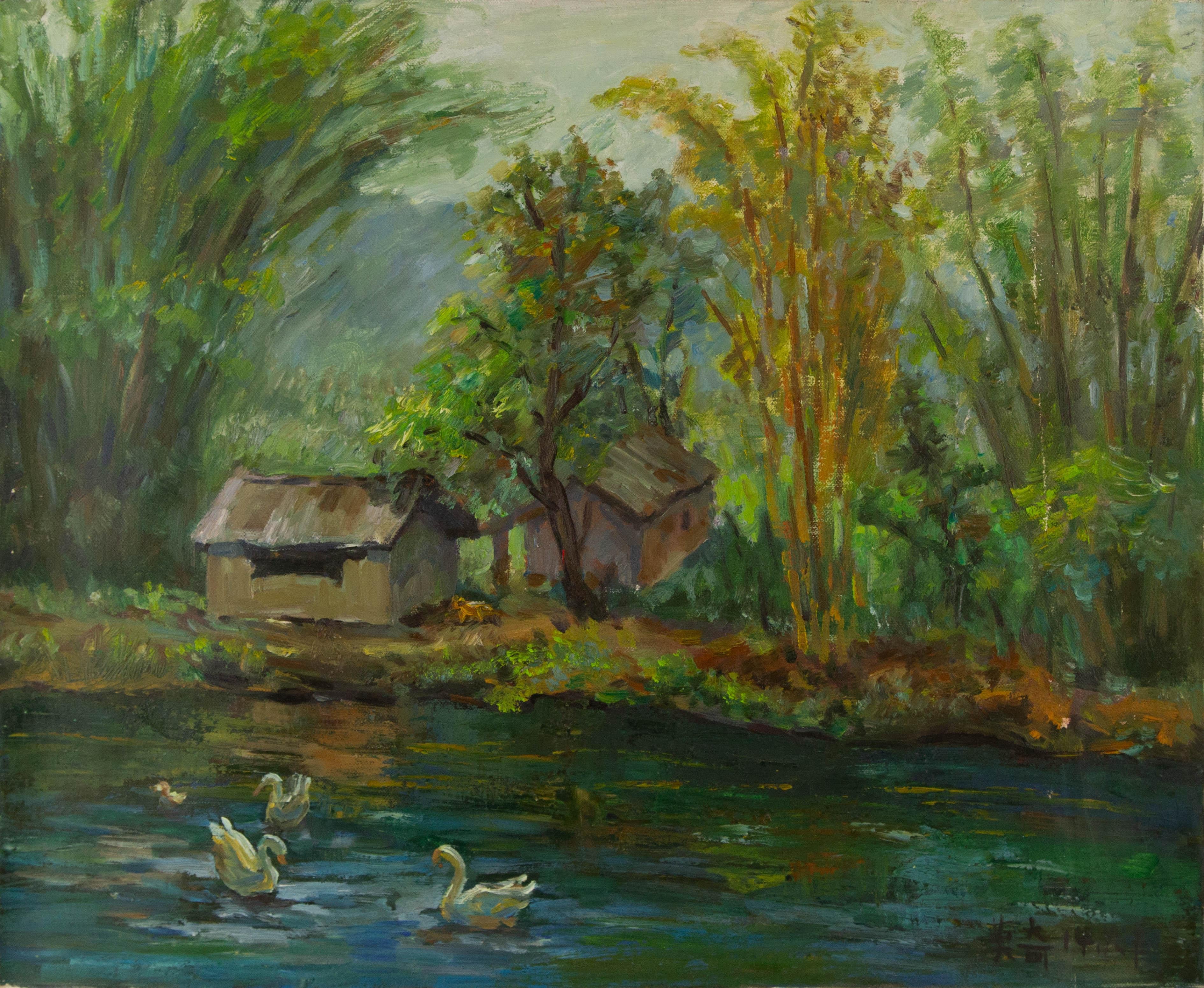 Qi Mo Landscape Original Oil On Canvas "Shanglin Diaries" (Paysage original à l'huile sur toile)