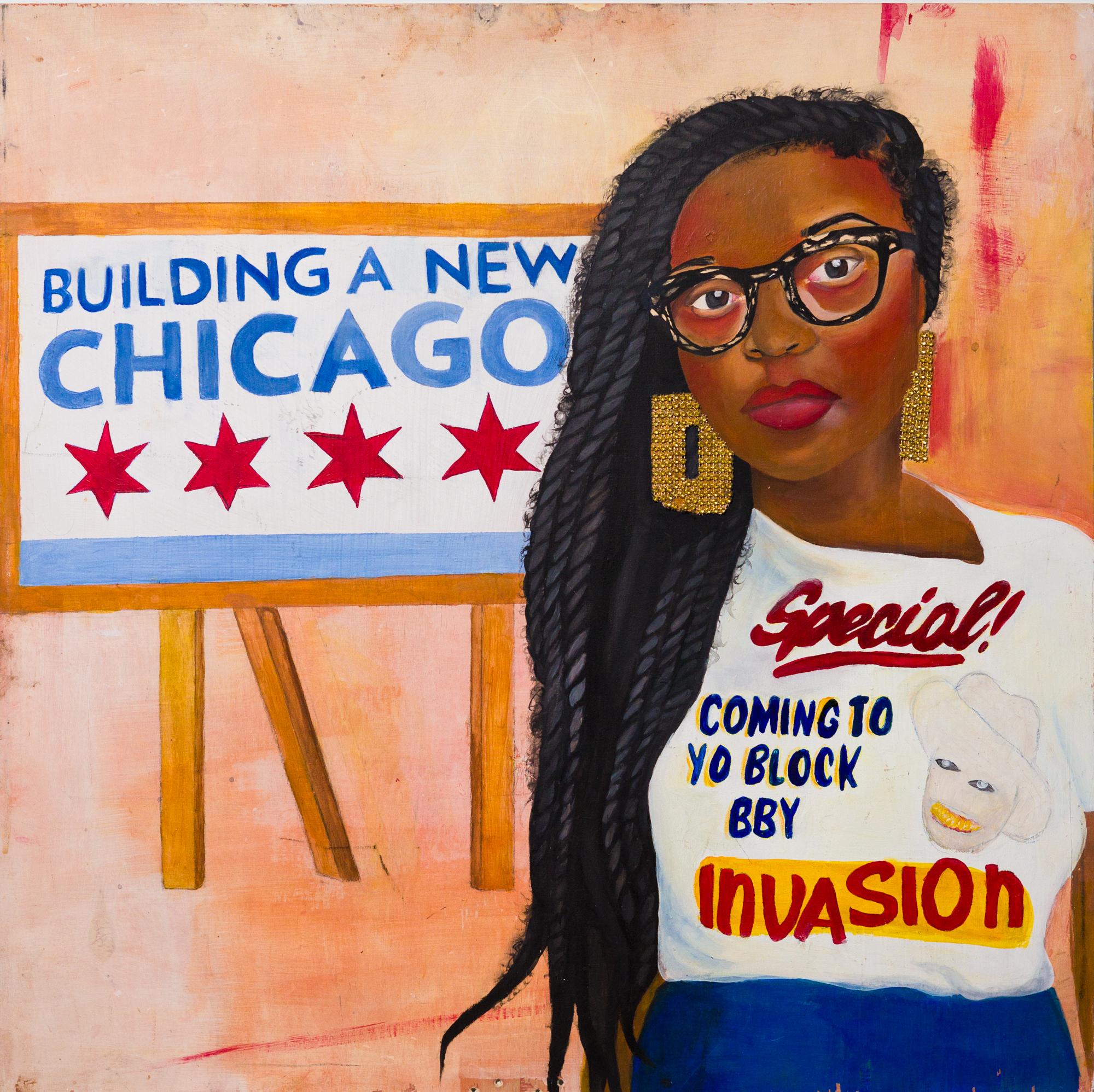 "An Invasion", Chicago, Woman figure, social change, Acrylic on Wood 