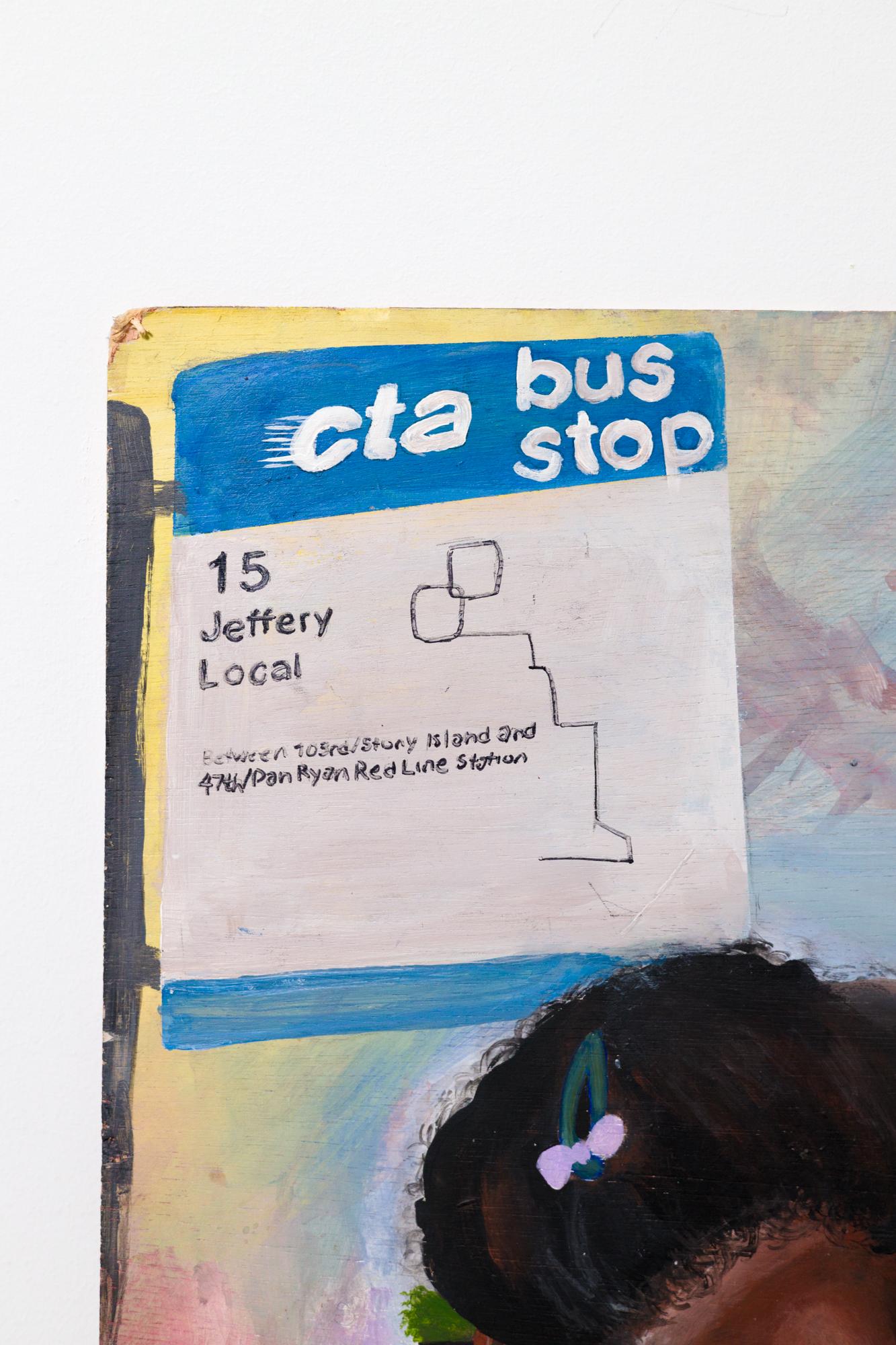 „Come Out and Play“, Kinderporträt, Chicagoer Transport, Acryl auf gefundenem Holz (Zeitgenössisch), Painting, von Qiaira Riley