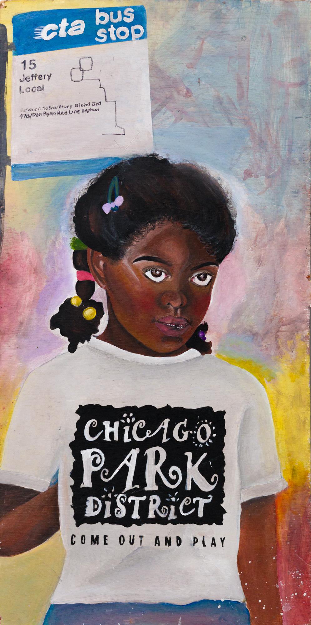 Figurative Painting Qiaira Riley - "Come Out and Play", portrait d'enfant, transport à Chicago, acrylique sur bois trouvé