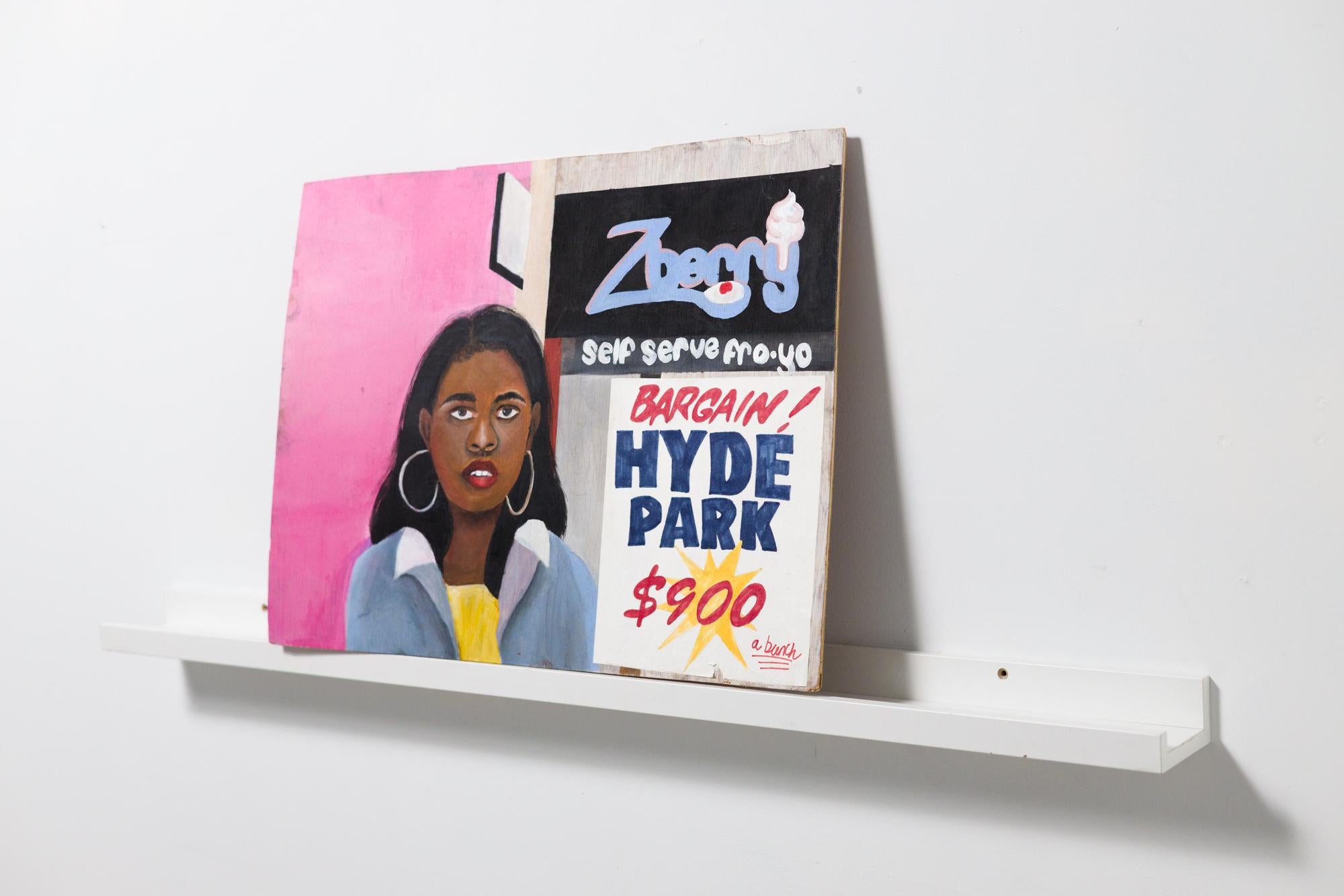 « Hyde Park », figure féminine, portrait, entreprise de Chicago, acrylique sur bois - Painting de Qiaira Riley