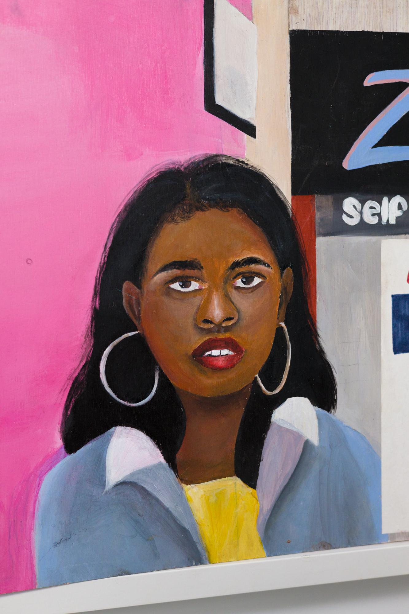 « Hyde Park », figure féminine, portrait, entreprise de Chicago, acrylique sur bois - Marron Figurative Painting par Qiaira Riley