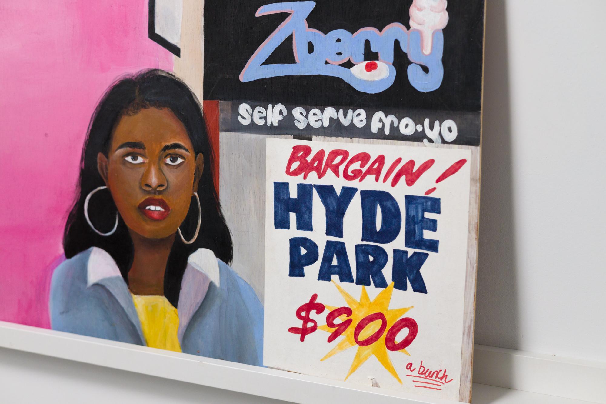 « Hyde Park », figure féminine, portrait, entreprise de Chicago, acrylique sur bois en vente 1
