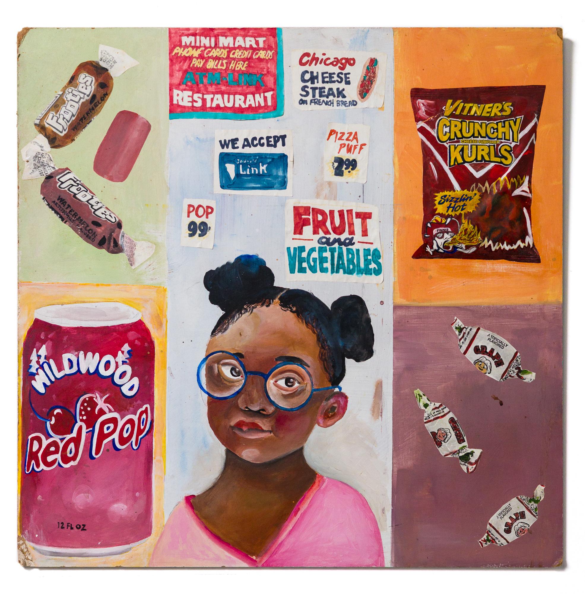 « Mini Mart », figure humaine, portrait, motif publicitaire, acrylique sur bois 