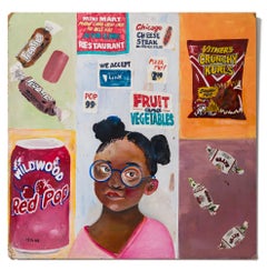 « Mini Mart », figure humaine, portrait, motif publicitaire, acrylique sur bois 