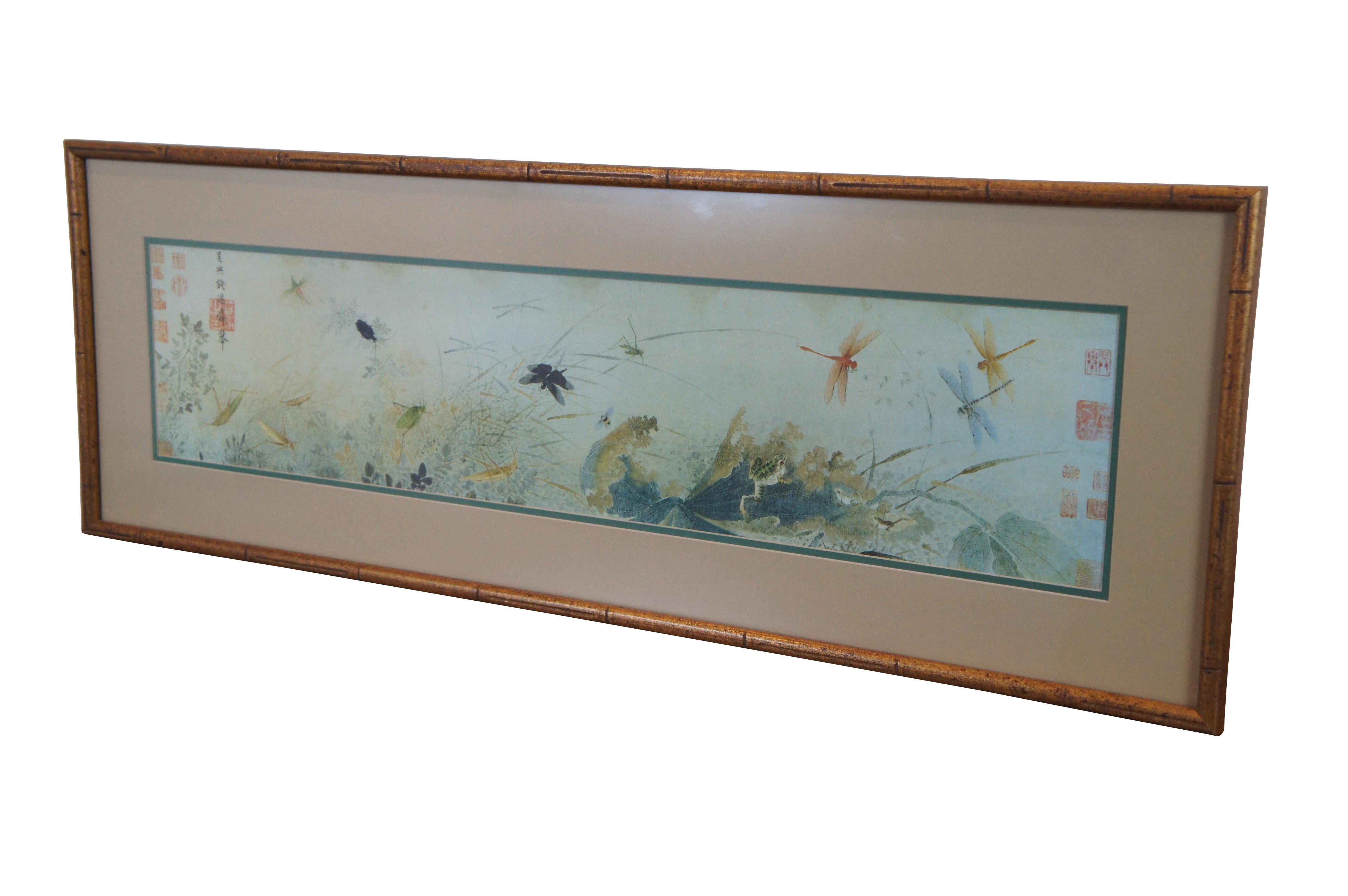 Vintage Qian Xuan, Early Autumn, lithograph print in faux bamboo frame.  Qian Xuan was one of the first scholar-painters to unite poetry, painting, and calligraphy within a single work.

The depiction of the most delicate forms of plant and animal