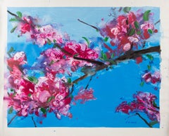 Qiang Li Floral Original Acrylic On Canvas "Peach Blossom Lake 1" (lac aux fleurs de pêcher)