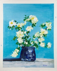 Qiang Li Floral Original-Acryl auf Leinwand "Weiße Blüten in Vase"