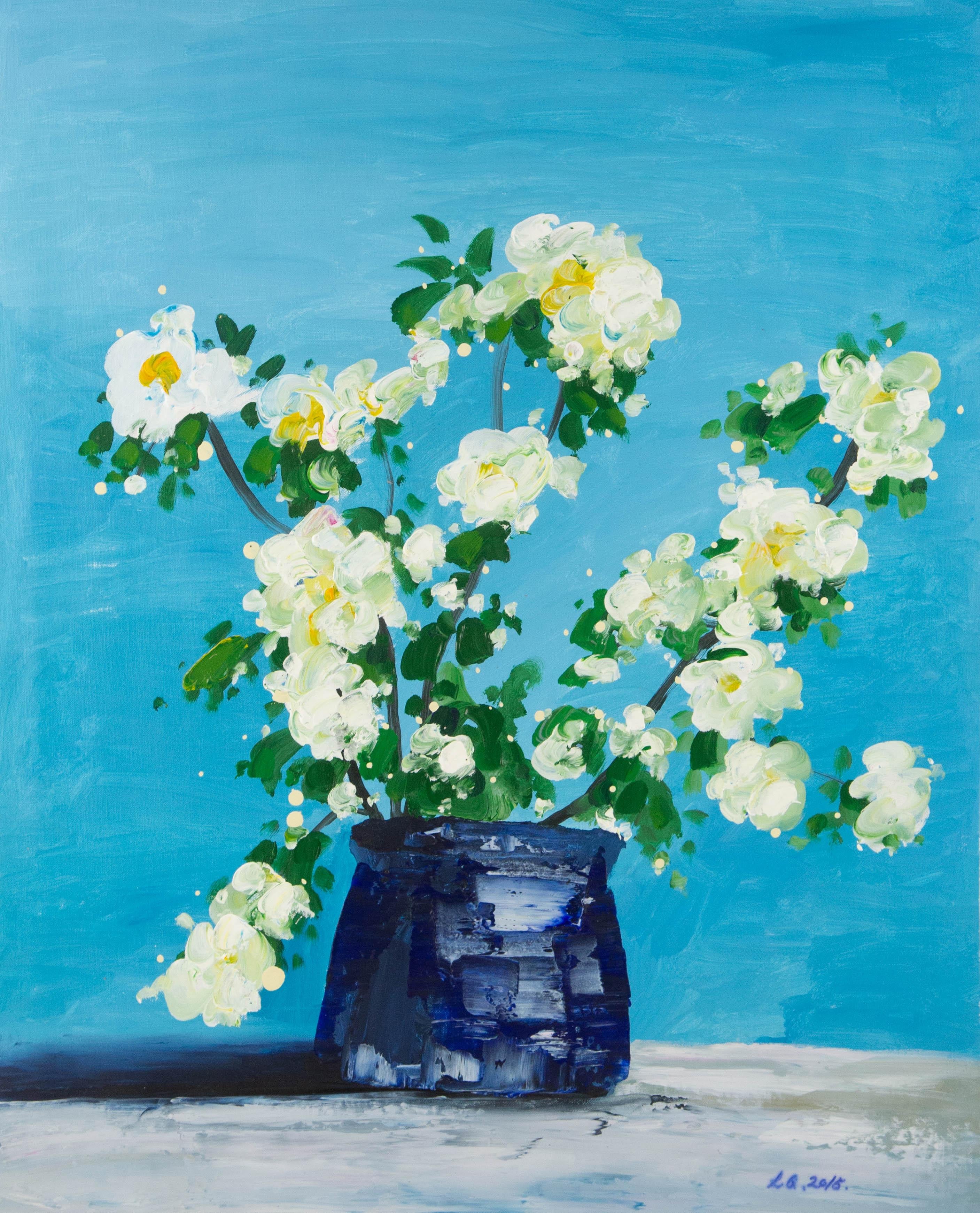  Title: White Blossoms in Vase
 Medium: Oil on canvas
 Size: 29 x 23.5 inches
 Frame: Framing options available!
 Condition: The painting appears to be in excellent condition.
 Note: This painting is unstretched, shipped rolled unless