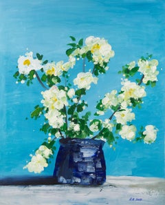 Qiang Li Floral Original Acrylic On Canvas "White Blossoms in Vase"