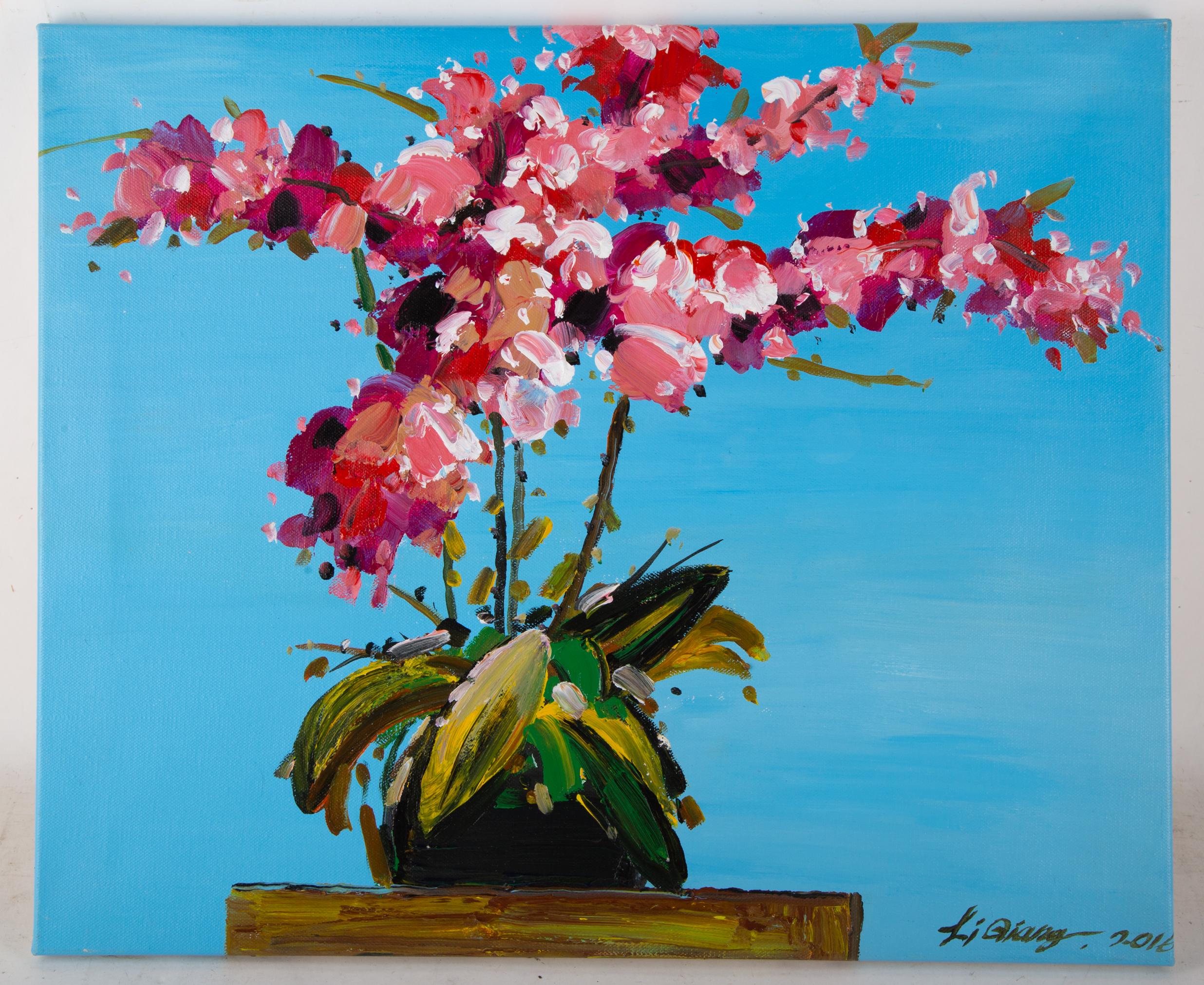 Qiang Li Stillleben, Original-Ölgemälde „Rosa Orchidee“, Qiang Li im Angebot 1