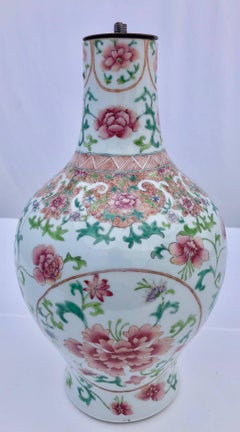 Pink/Green Floral Design Faïence Chinese Vase Transformed into Lamp, Late 1800s