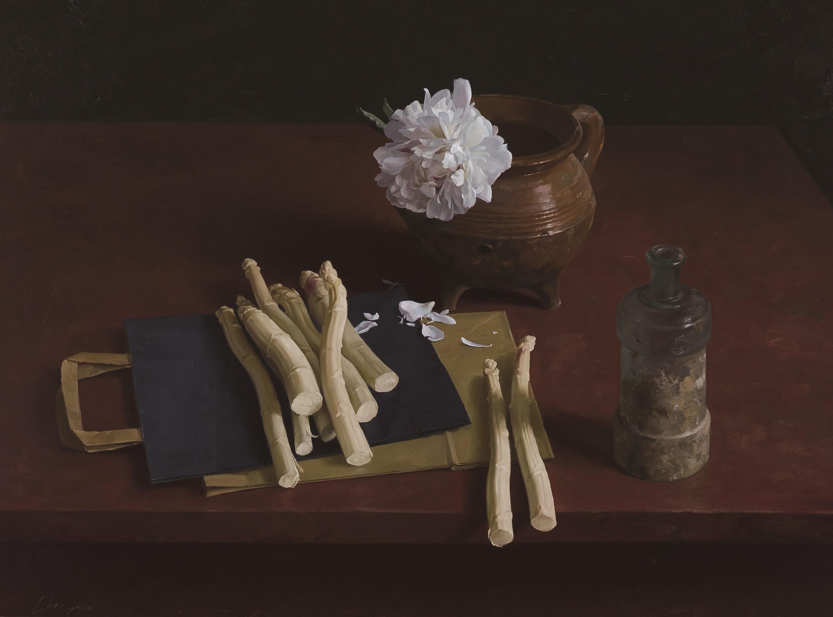 Qiangli Liang Figurative Painting - Asperges Witte Pioenrozen Asparragus White Peonies Still Life Oil Paint In Stock