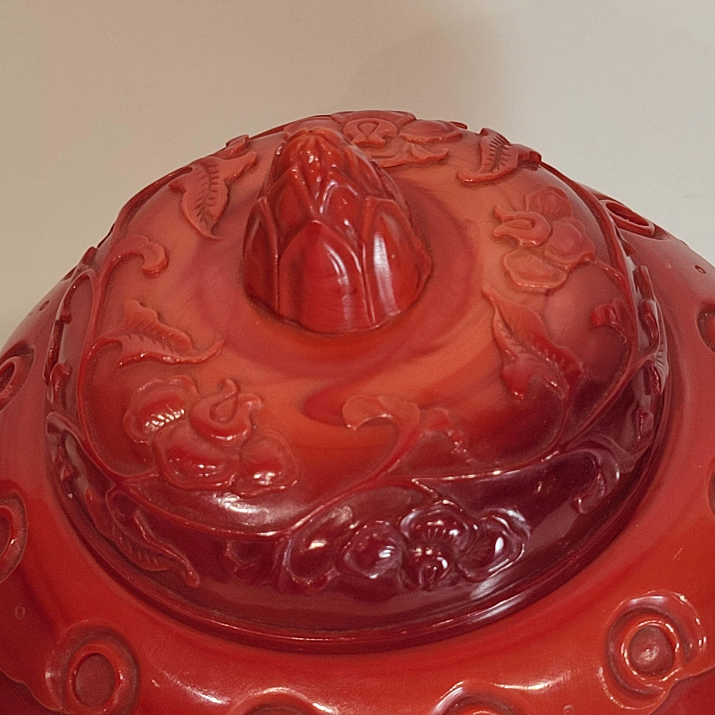 Qianlong Style Carved Red Opaque Glass Covered Jar For Sale 4