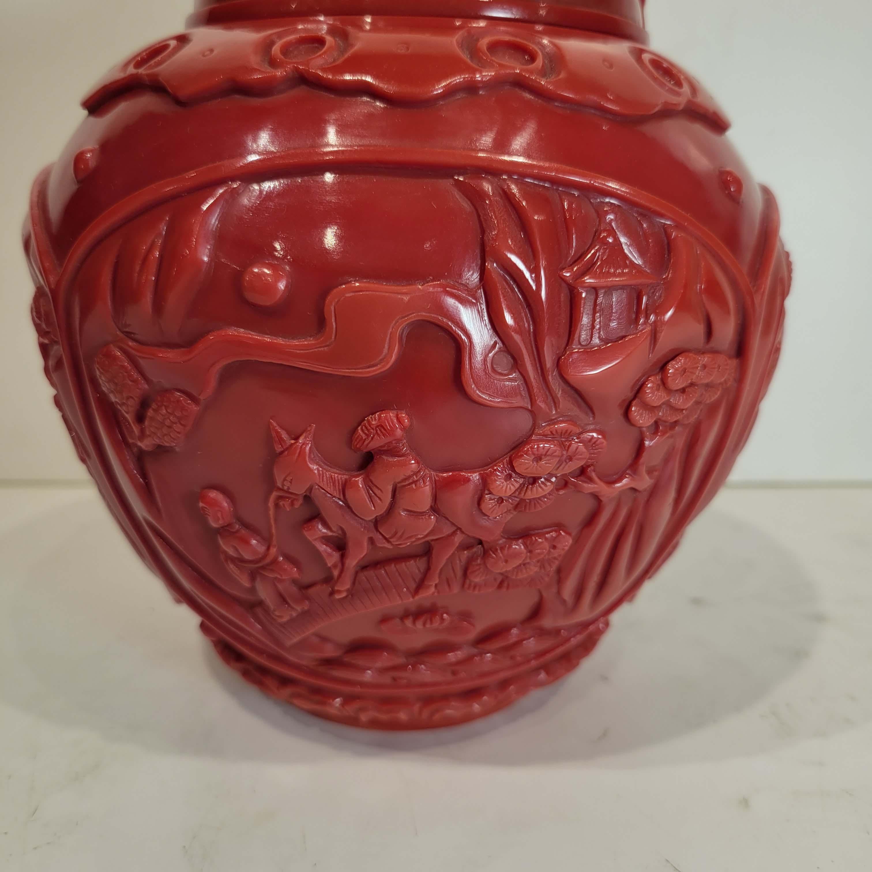 Chinoiserie Qianlong Style Carved Red Opaque Glass Covered Jar For Sale