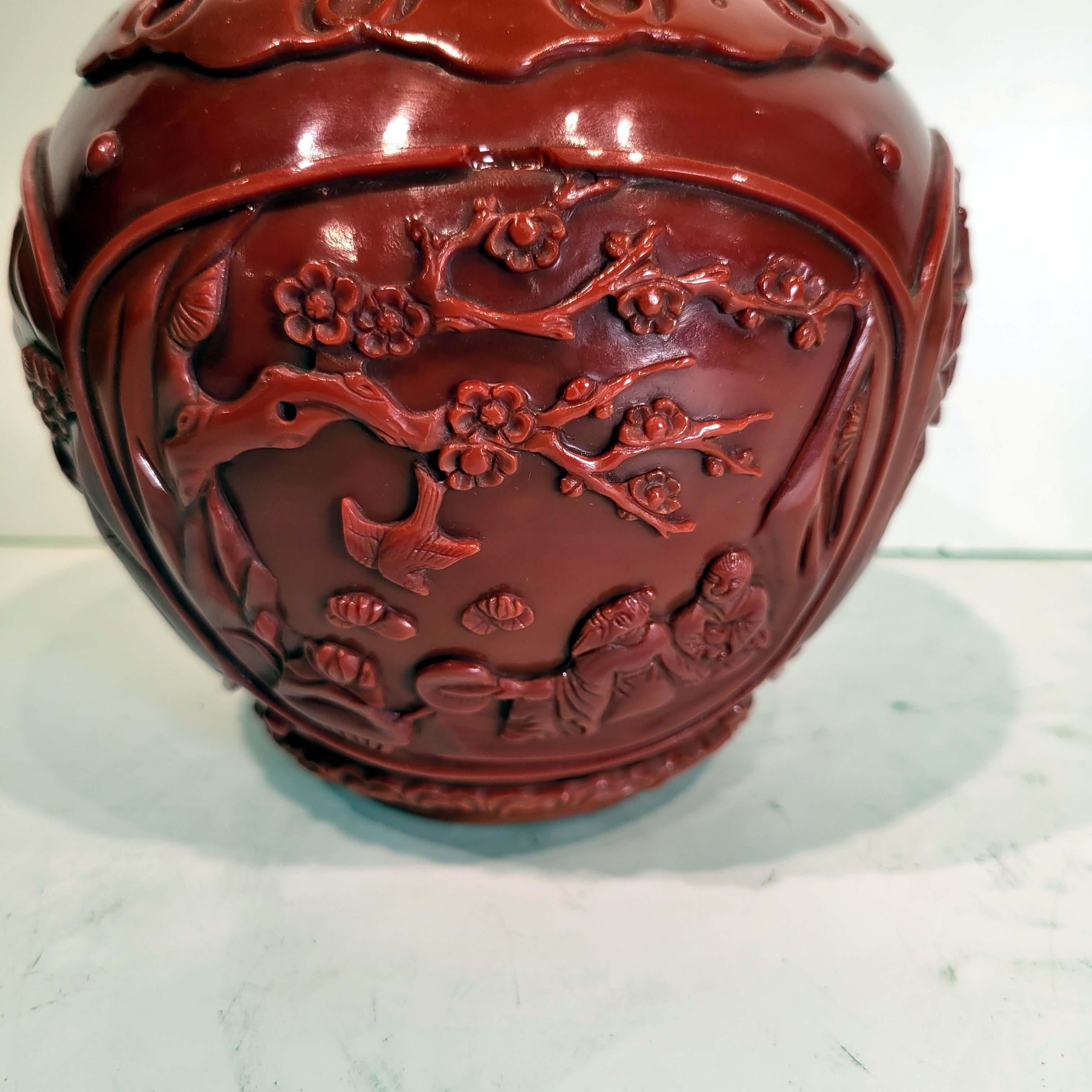 Chinese Qianlong Style Carved Red Opaque Glass Covered Jar For Sale