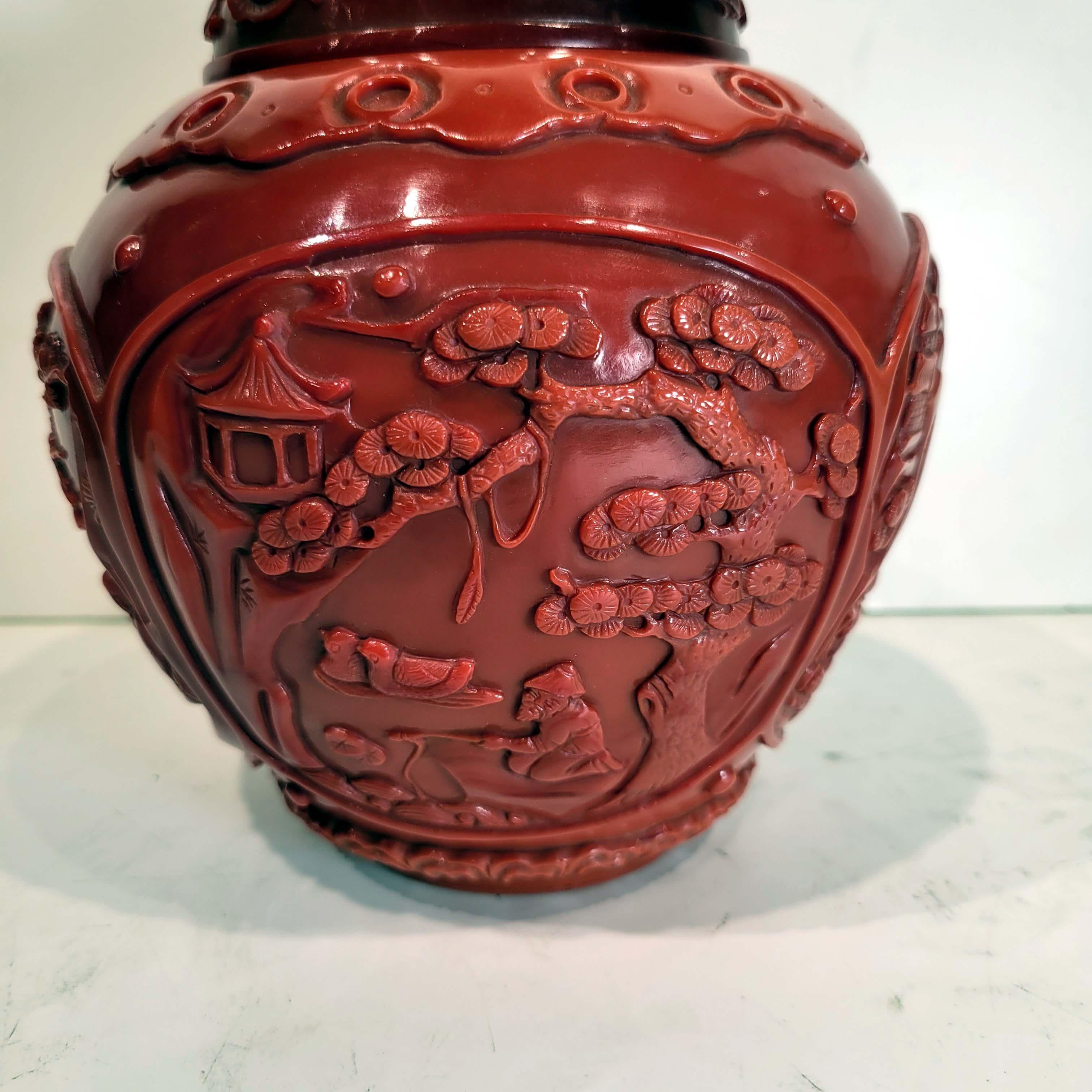 Hand-Carved Qianlong Style Carved Red Opaque Glass Covered Jar For Sale