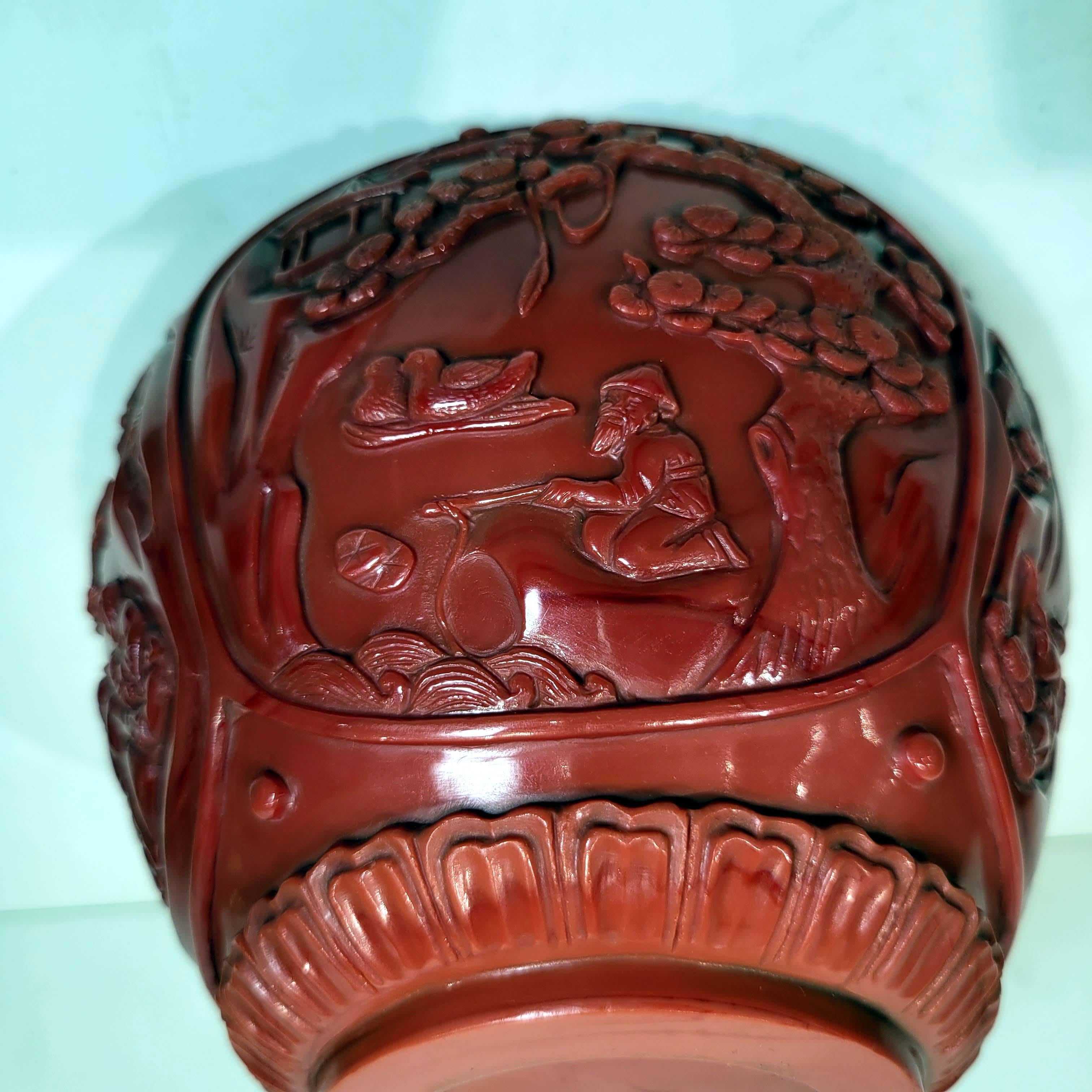 Qianlong Style Carved Red Opaque Glass Covered Jar For Sale 1