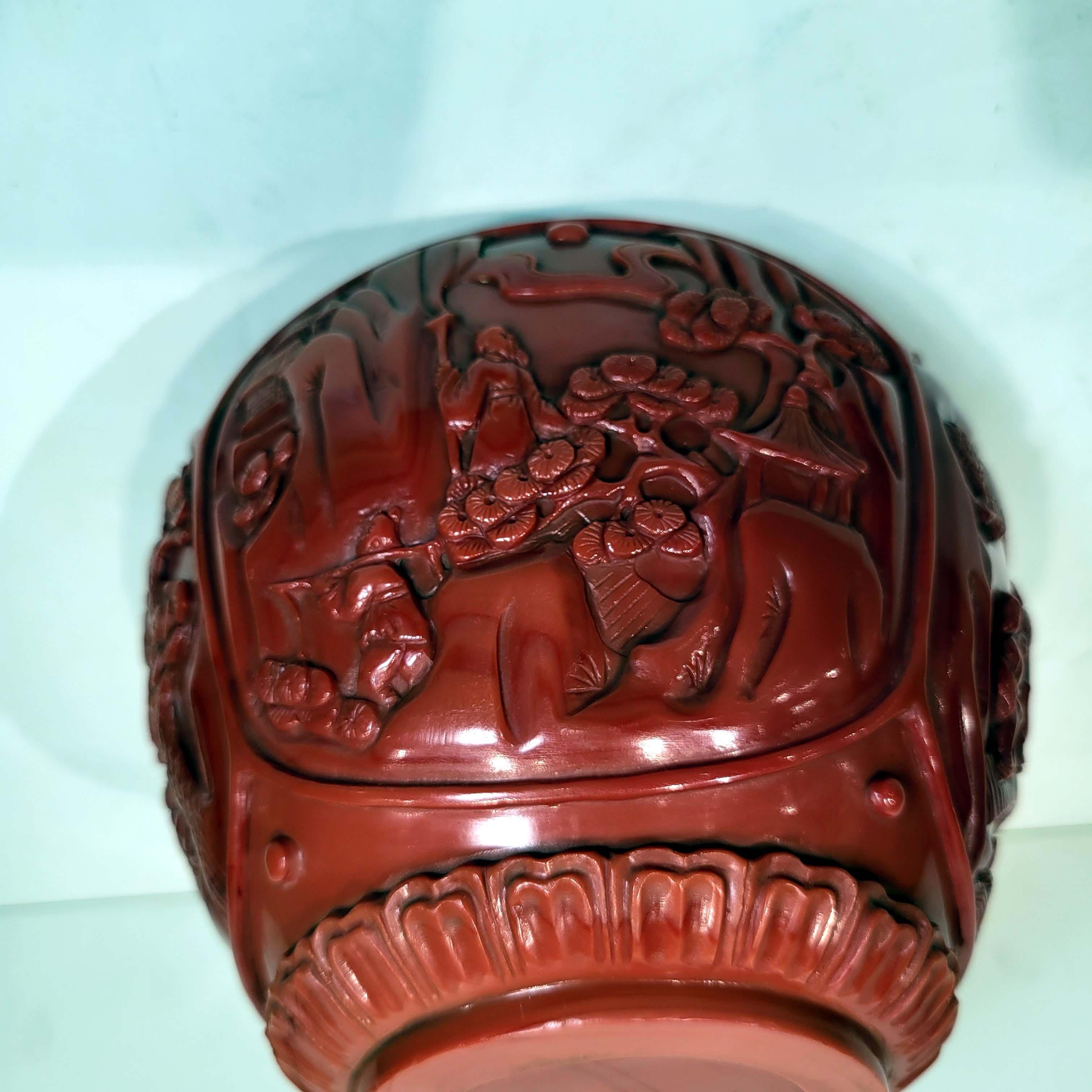 Qianlong Style Carved Red Opaque Glass Covered Jar For Sale 2