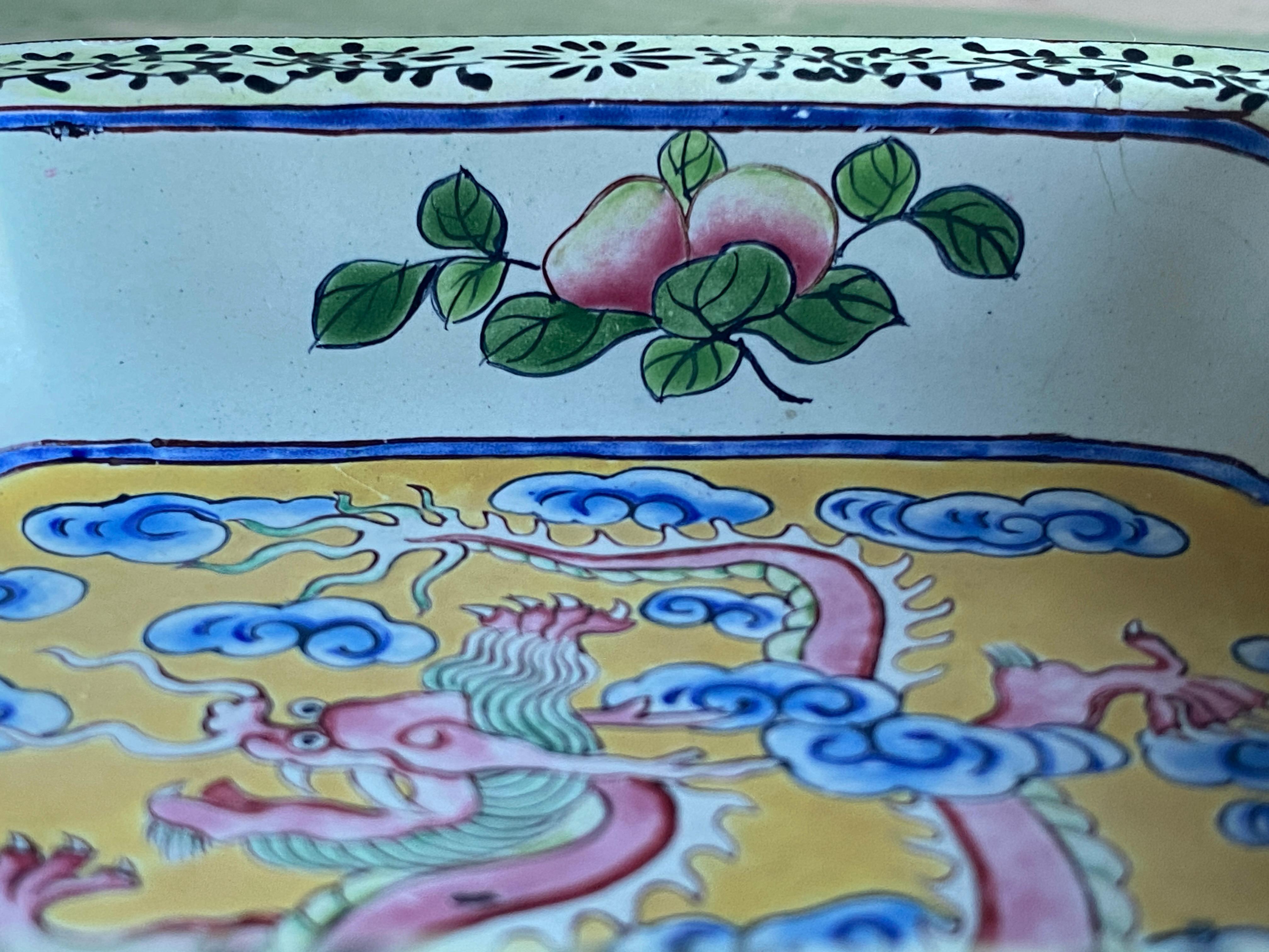 Copper Qianlong period Canton Enamel Square Dish with Dragon, China Late 18th Century For Sale