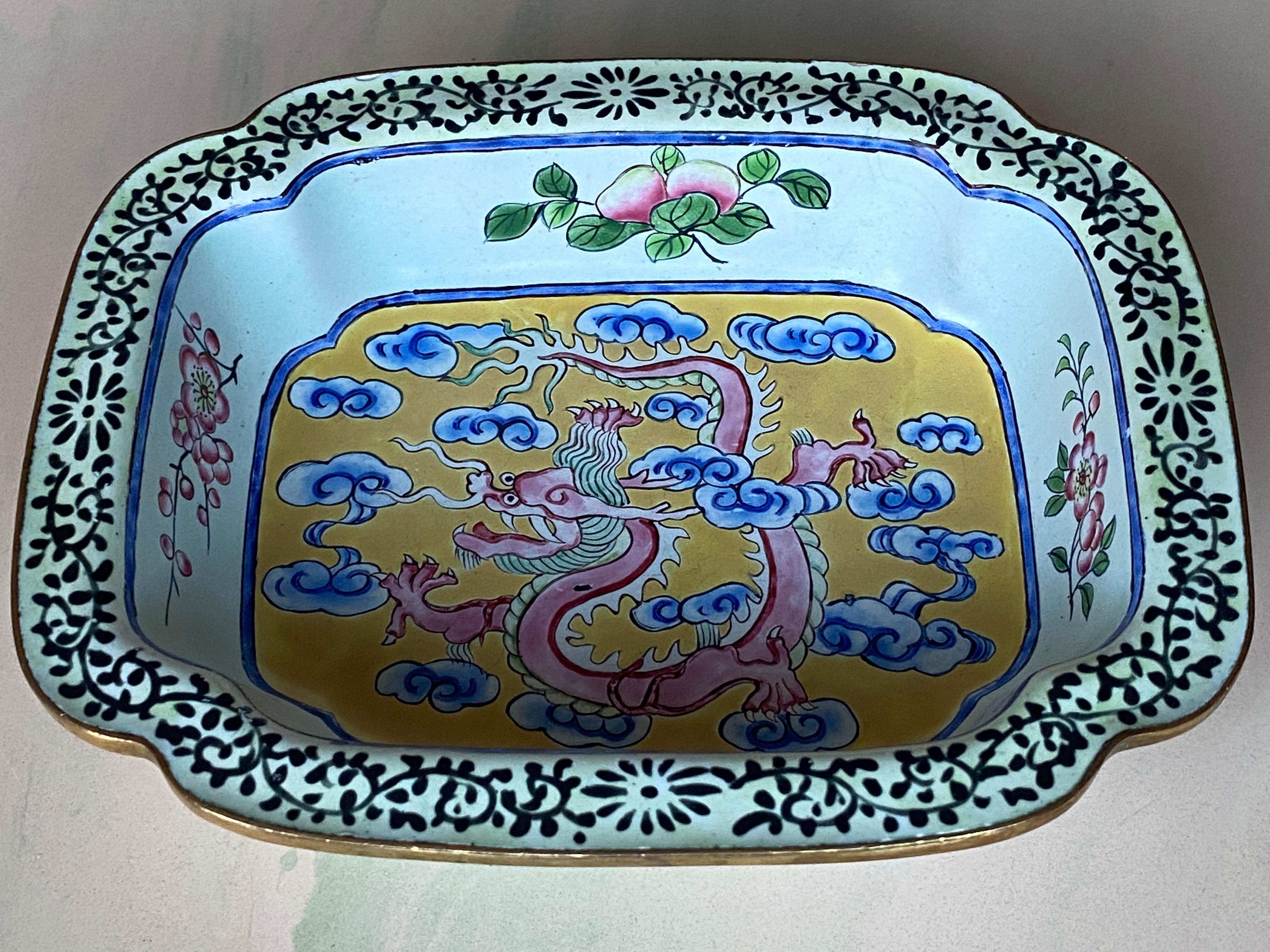 Qianlong period Canton Enamel Square Dish with Dragon, China Late 18th Century For Sale 1