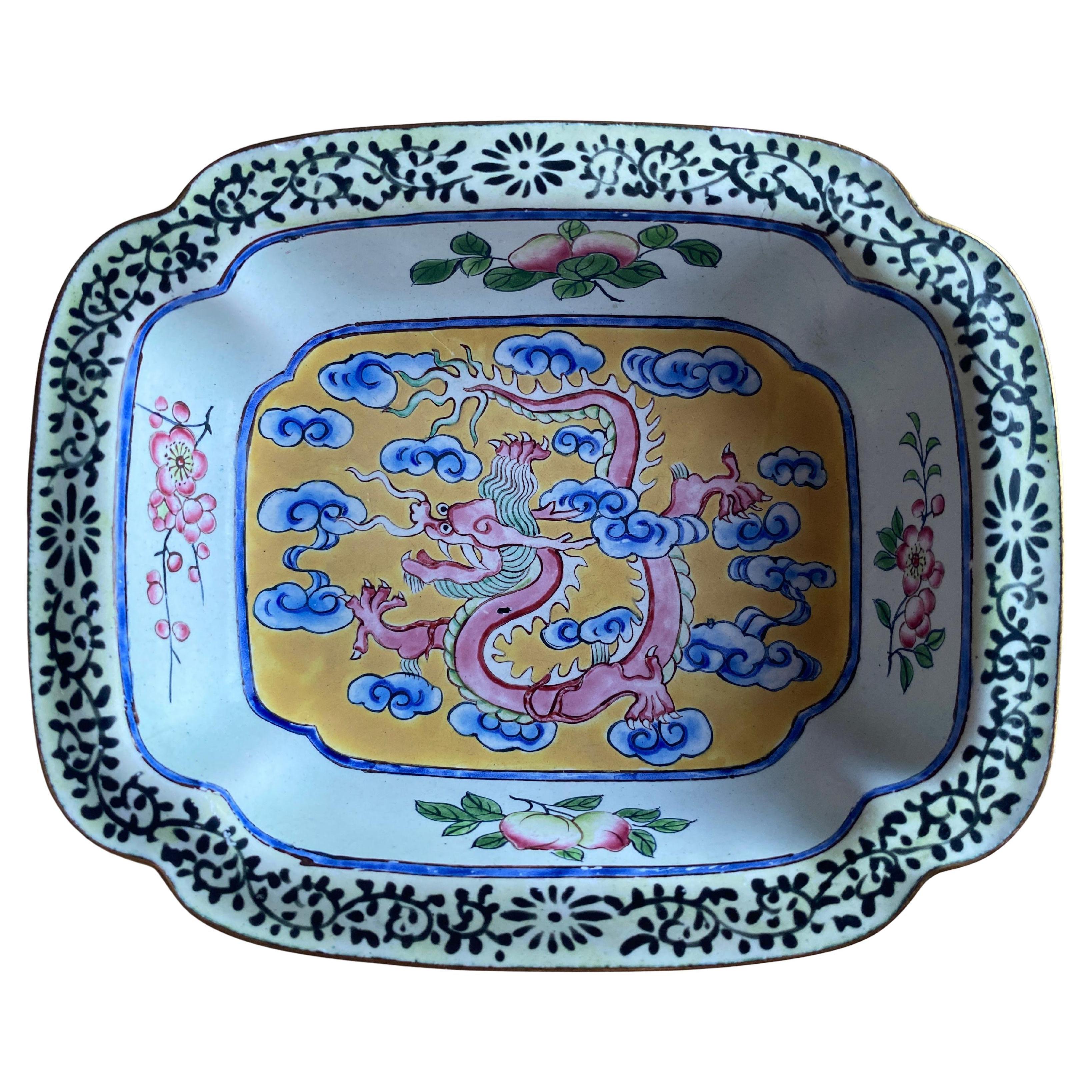 Qianlong period Canton Enamel Square Dish with Dragon, China Late 18th Century