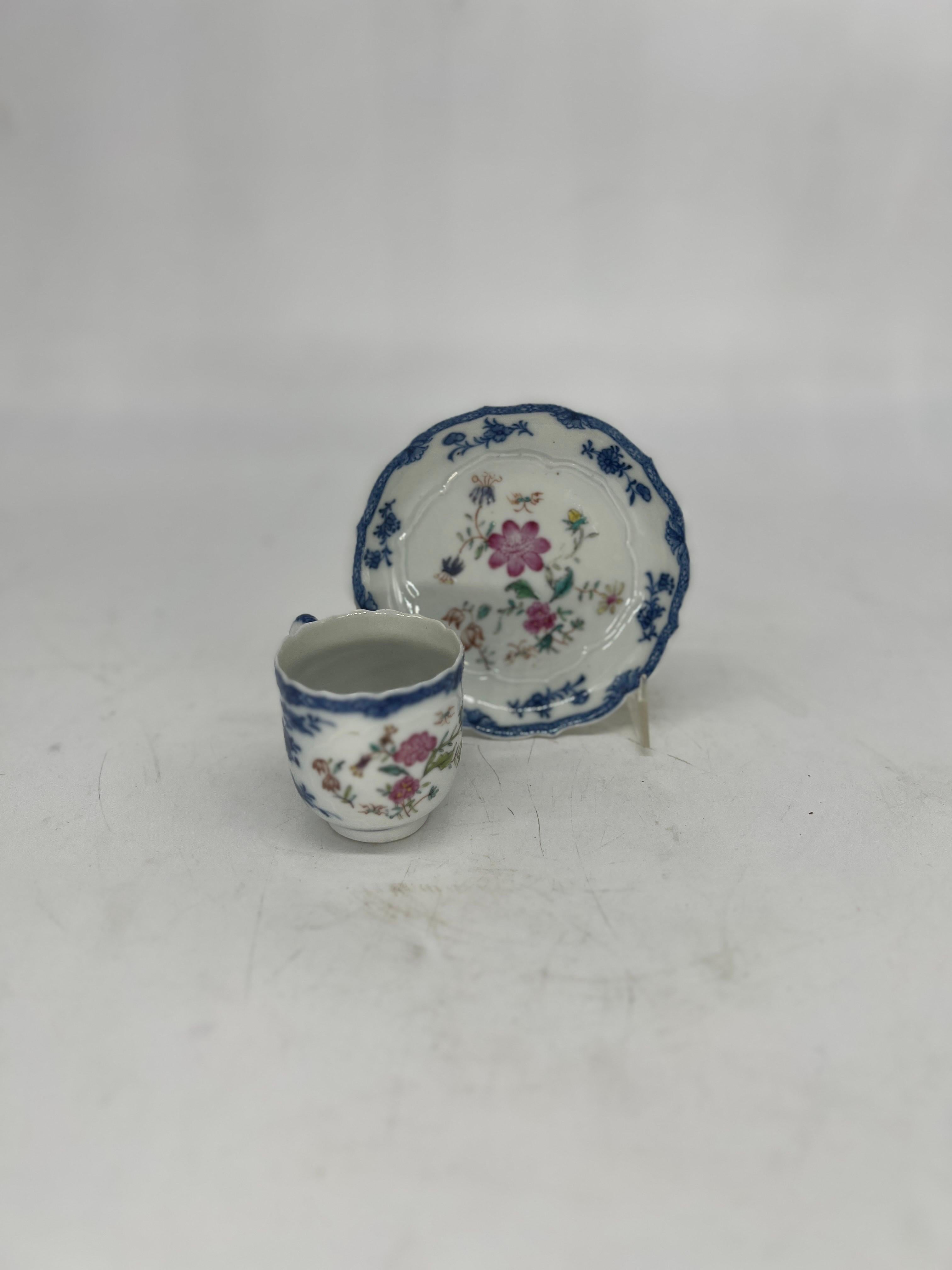 Chinese, circa 1785.

Chinese export porcelain cup and saucer set produced with blue and white underglaze foliate motifs and geometric designs to edges. The main face of the cup and saucer have polychrome enamel painted flowers and fine quality.