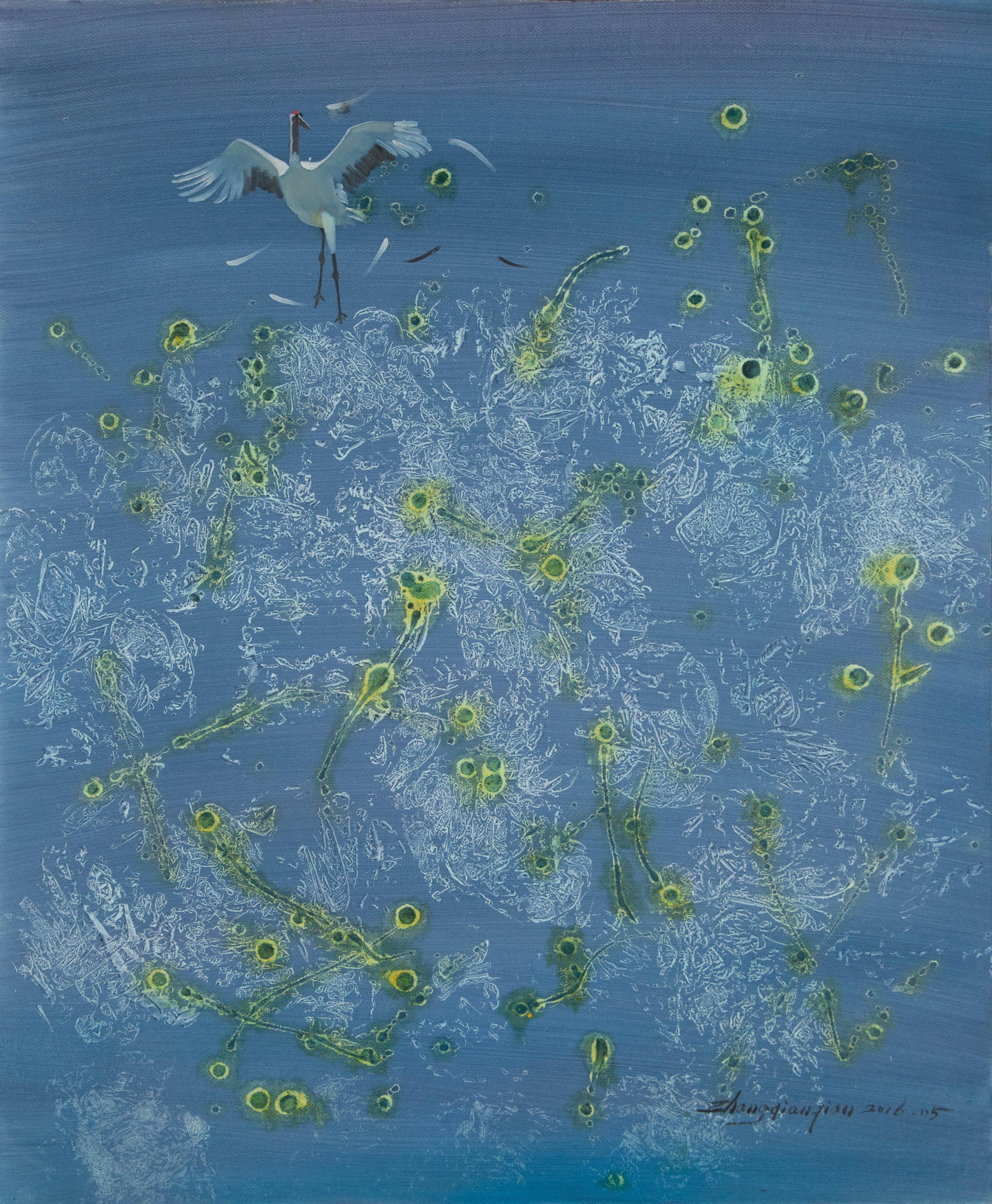  Title: White Crane  - Blue
 Medium: Oil on canvas
 Size: 23.5 x 19.5 inches
 Frame: Framing options available!
 Condition: The painting appears to be in excellent condition.
 Note: This painting is unstretched
 Year: 2016
 Artist: Qianqian Zhang
