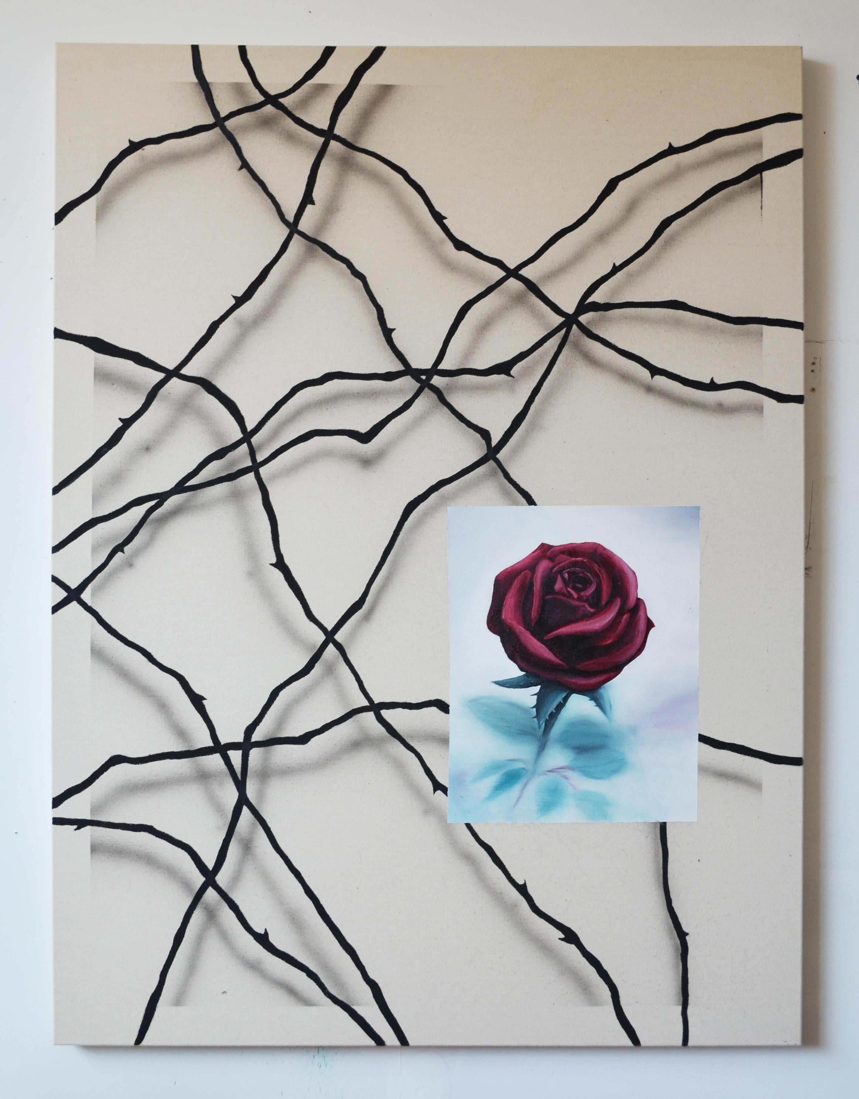 Qijun Li Still-Life Painting - Rose on a bed of thorns, Oil & acrylic on canvas, 120cm x 90cm, 2019