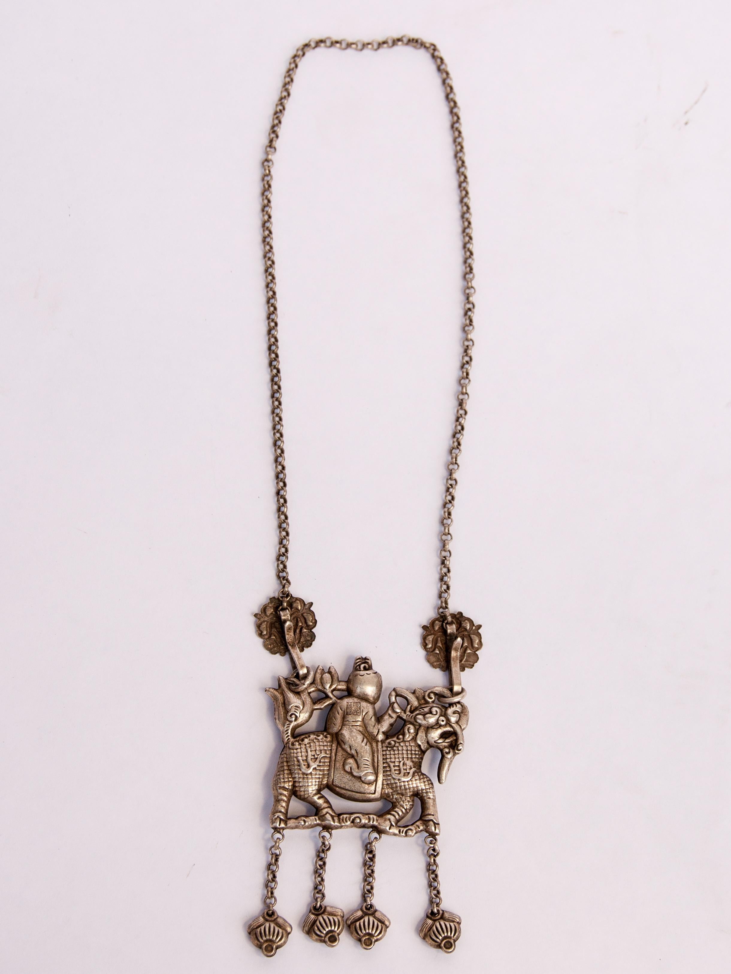 Qilin Amulet Necklace, Silver Alloy, Southwest China, Early 20th Century In Good Condition In Point Richmond, CA