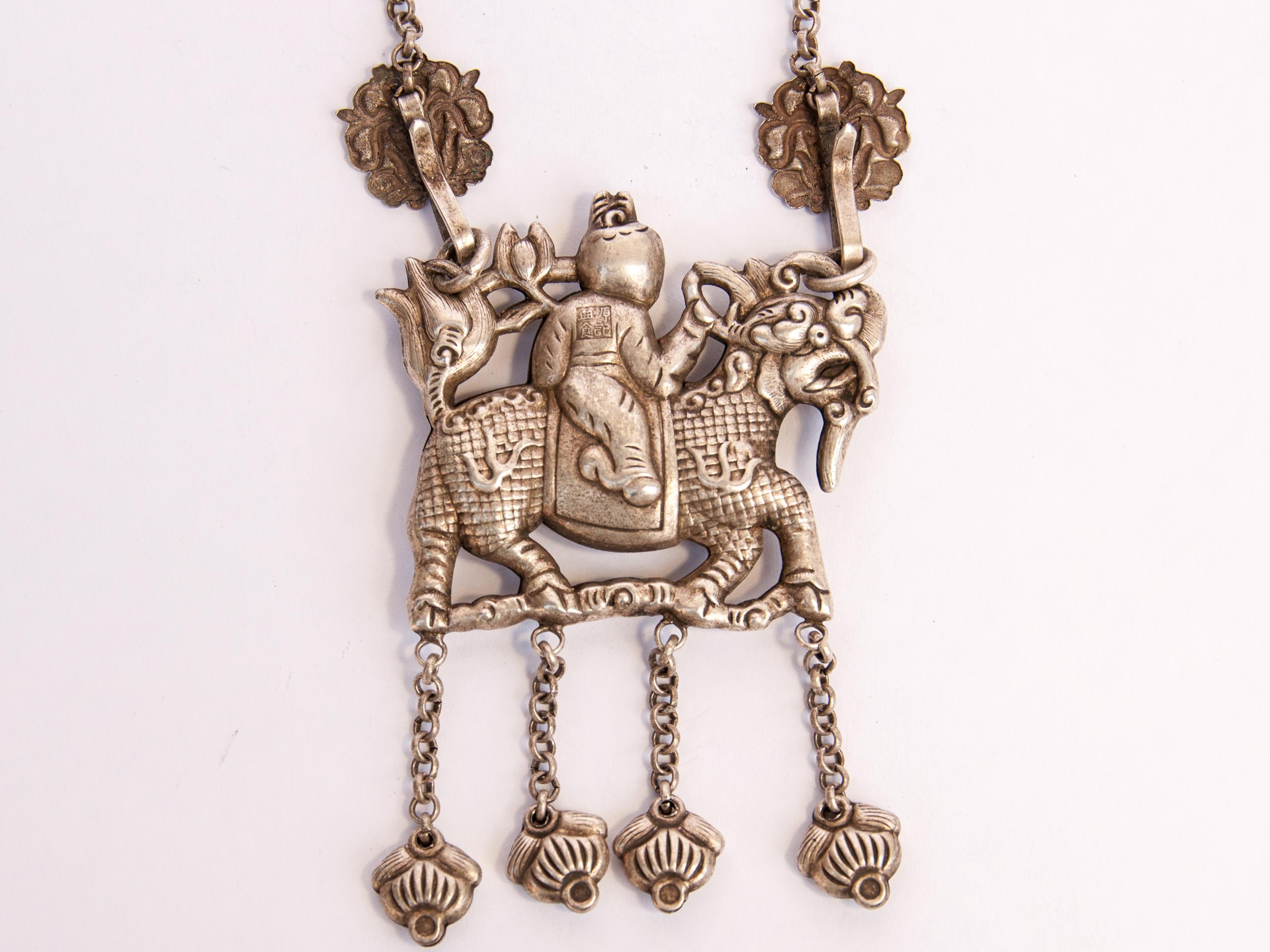 Metal Qilin Amulet Necklace, Silver Alloy, Southwest China, Early 20th Century