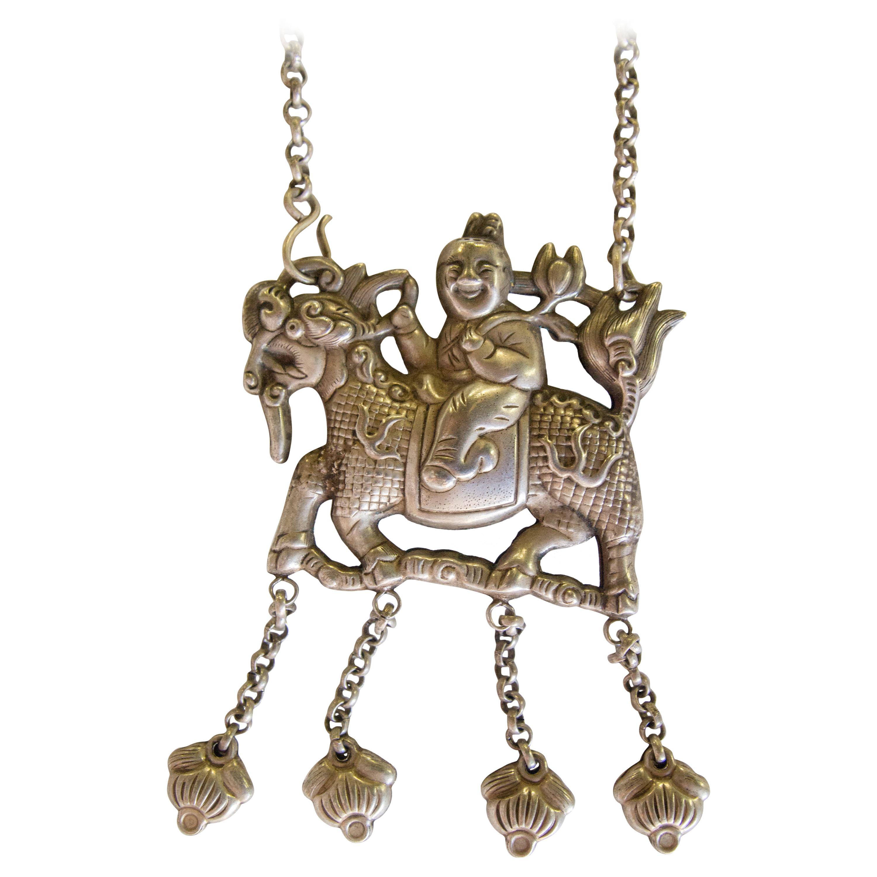 Qilin Amulet Necklace, Silver Alloy, Southwest China, Early 20th Century
