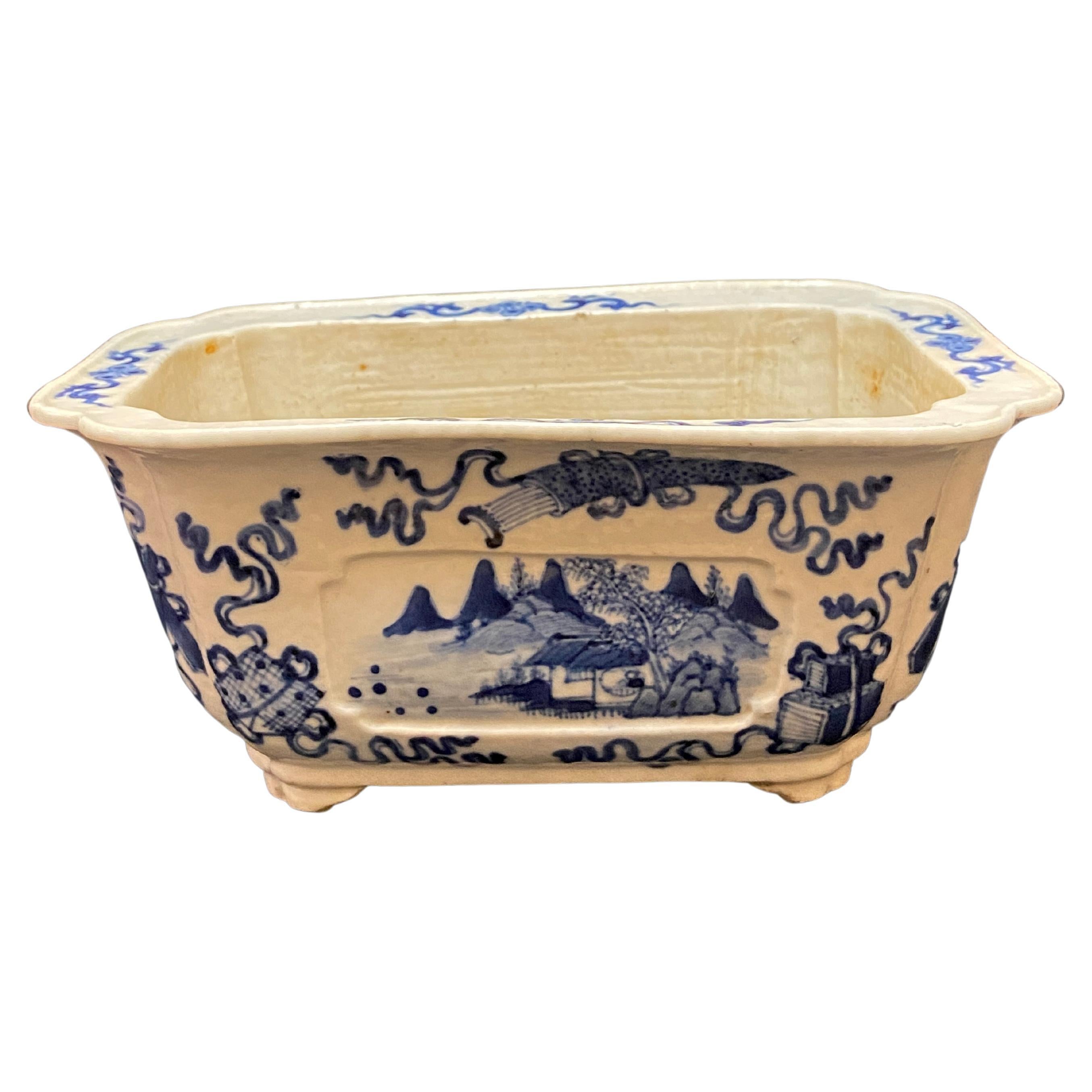Qing， 18th century blue and white “landscape” Basin For Sale