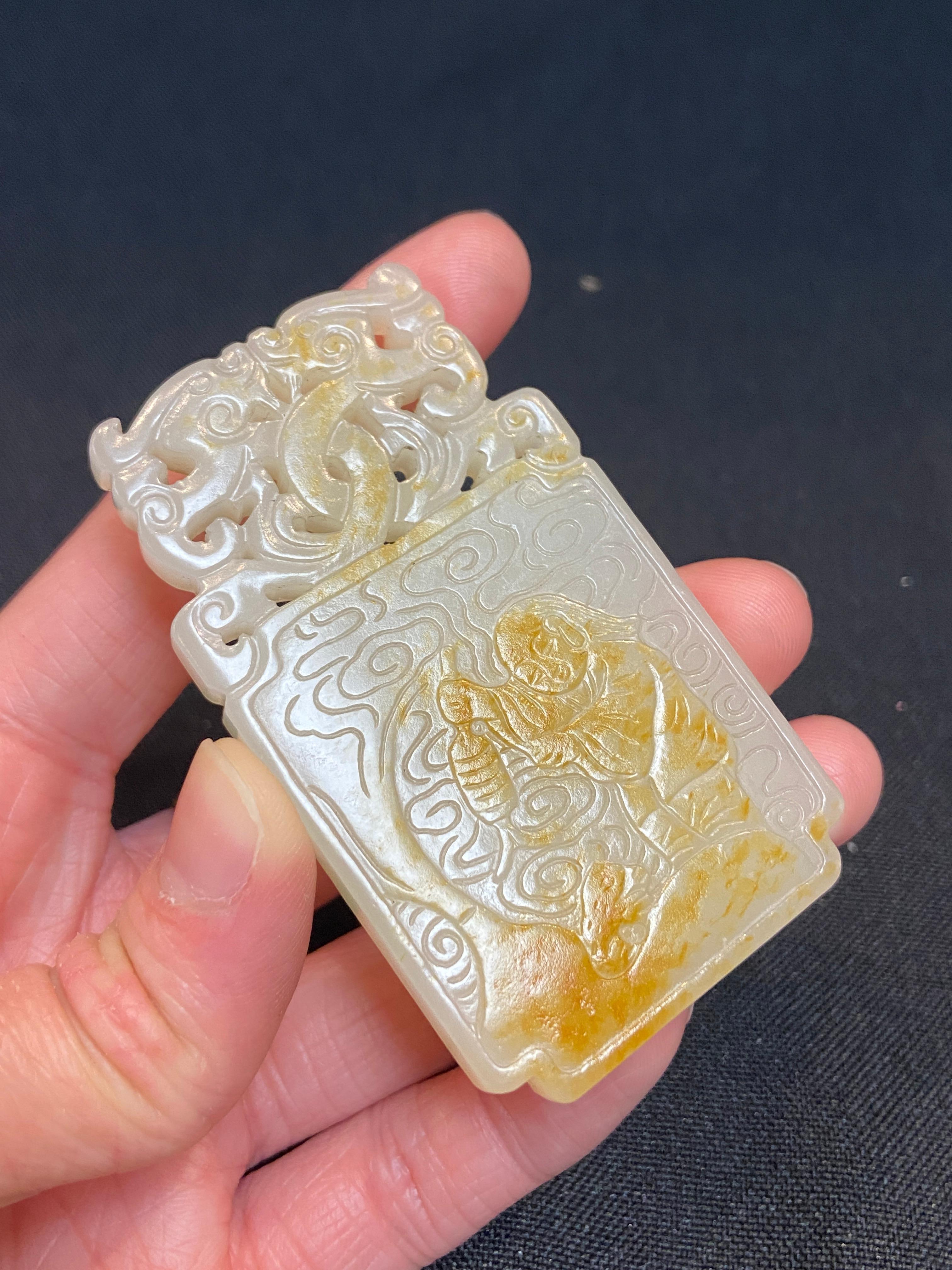Qing, Antique Chinese Fine Carved Figural Hetian White Jade Pendant In Good Condition For Sale In San Gabriel, CA