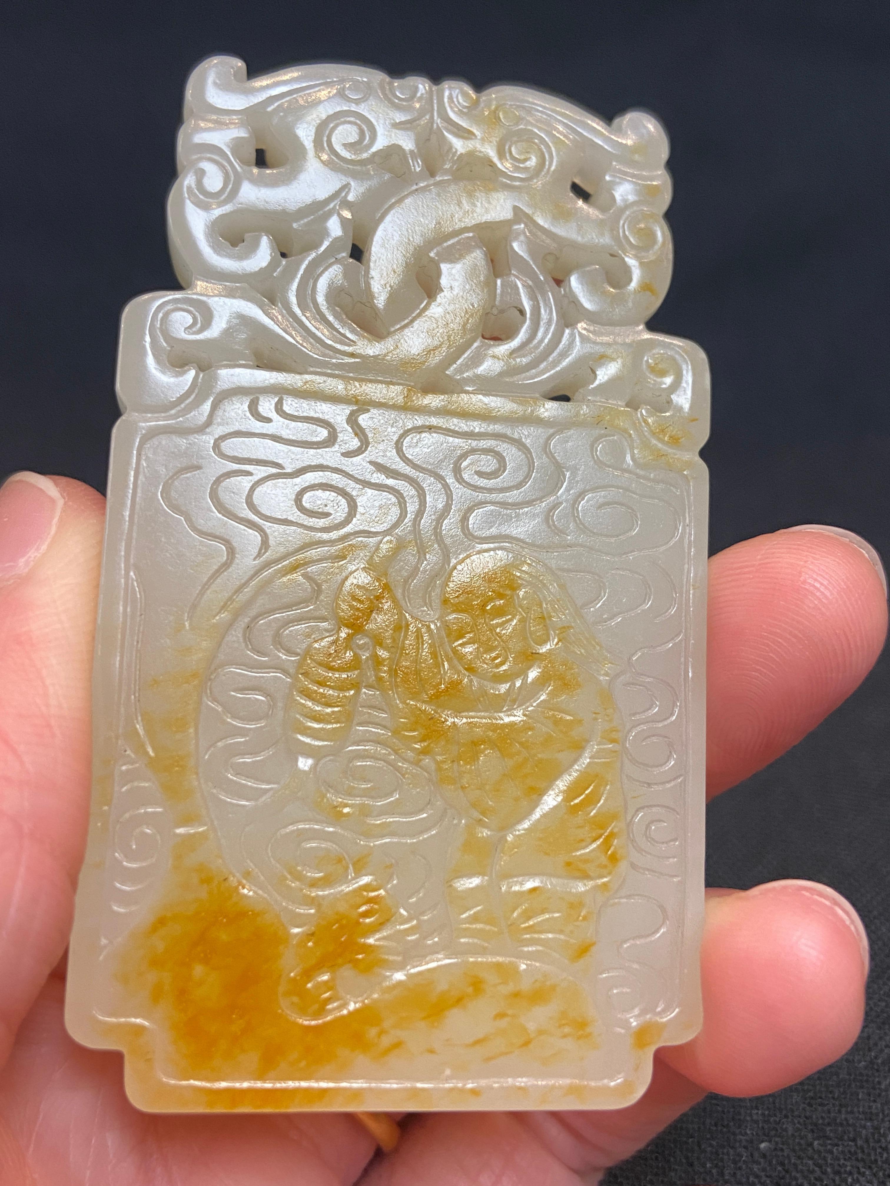 Qing, Antique Chinese Fine Carved Figural Hetian White Jade Pendant For Sale 4